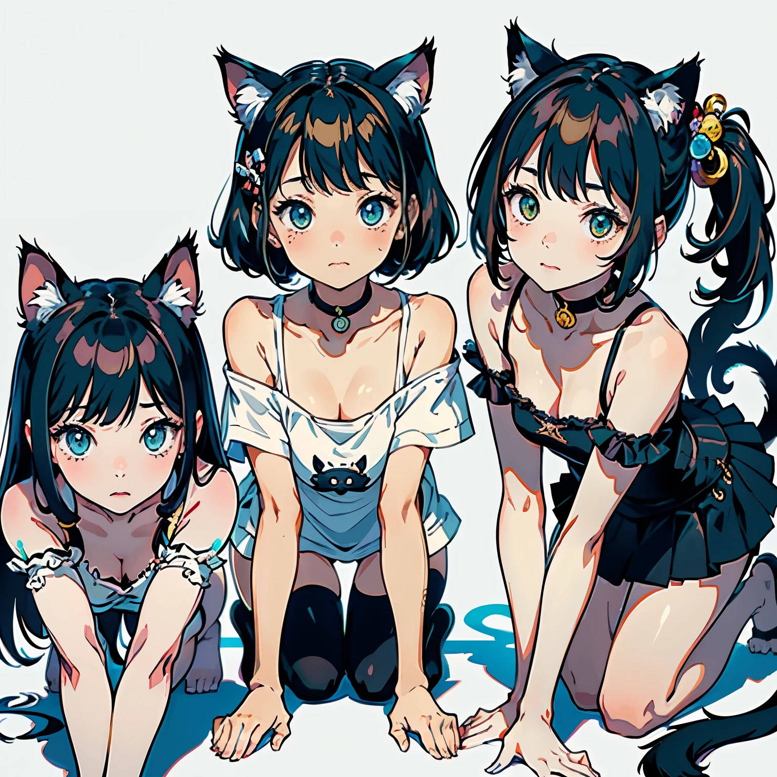 (highest quality, masterpiece, High resolution)、(anime art)、cinematic light、soft light、two girls、black hair、Black cat costume、White Cat Costume、Tabby cat costume、Striped cat costume、Persian Cat Costume、(3-color cat costume)、(loose t-shirt)、loose shirt、off shoulder、sexy mini dress、(Cat ear)、bob cut、semi-long、bun hair、hair ornaments、choker、Cute face details、enchanting smile、small breasts、whole body、(cat pose)、((crawl on all fours))、beckoning、playing、dance、Cat jarashi、Crackers popping、Party Decoration、((white background))、