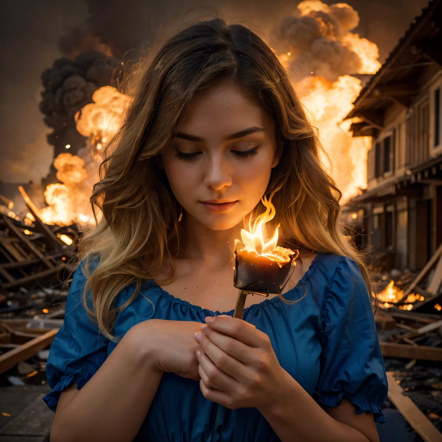 best quality,4k,highres,masterpiece:1.2,ultra-detailed,realistic,photorealistic:1.37,portrait,illustration,Disney Pixar,A girl with a blonde hair and blue dress,luscious blonde hair,fine details on hair,vibrant blue dress detailed with ruffles and glitters,beautiful detailed eyes,beautiful detailed lips,soft and delicate facial features,head down,eyes closed,holding a burning ball of fire in her hands,the fire illuminating her face,blazing flames on the ball,background of a city completely engulfed in flames,buildings collapsing in destruction,heavy smoke billowing in the air,the cityscape depicting chaos and turmoil,glowing embers floating in the sky,deep and rich color tones,bright and warm lighting,creating a dramatic and intense atmosphere.