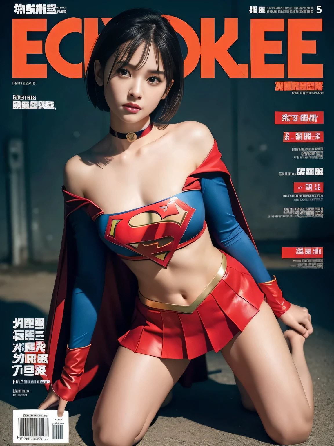 masterpiece、supergirl costume、short hair、barefoot、big and full breasts、Crisis situation、prison、camp、kneel down、sweaty、shiny、look at the camera、provoke、Estrus、choker、Weekly magazine cover、long sleeve、red mini skirt、humiliating、seductive pose、Glamorous、off shoulder、model body shape、Oily Skin、charm、charming、abused、Detention、