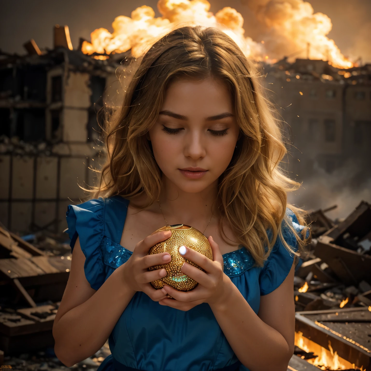 best quality,4k,highres,masterpiece:1.2,ultra-detailed,realistic,photorealistic:1.37,portrait,illustration,Disney Pixar,A girl with a blonde hair and blue dress,luscious blonde hair,fine details on hair,vibrant blue dress detailed with ruffles and glitters,beautiful detailed eyes,beautiful detailed lips,soft and delicate facial features,head down,eyes closed,holding a burning ball of fire in her hands,the fire illuminating her face,blazing flames on the ball,background of a city completely engulfed in flames,buildings collapsing in destruction,heavy smoke billowing in the air,the cityscape depicting chaos and turmoil,glowing embers floating in the sky,deep and rich color tones,bright and warm lighting,creating a dramatic and intense atmosphere.