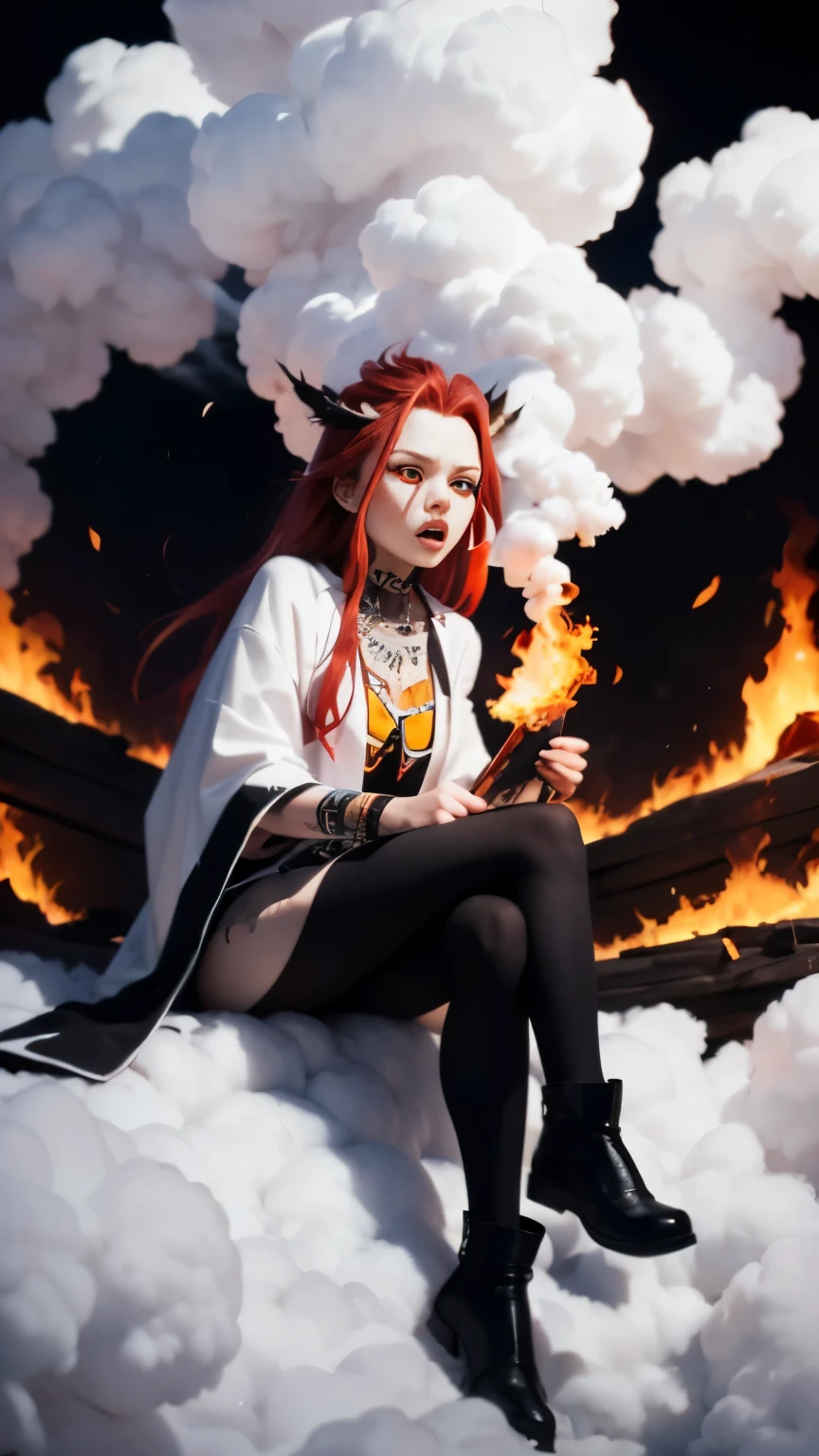 ((masterpiece, Best quality)) Voodoo shaman, Blood red hair and red eyes, outlined in black pencil., white clothes, Animal skins, blows thick black clouds of smoke, full length, is sitting, raging flames, dark key, a cave