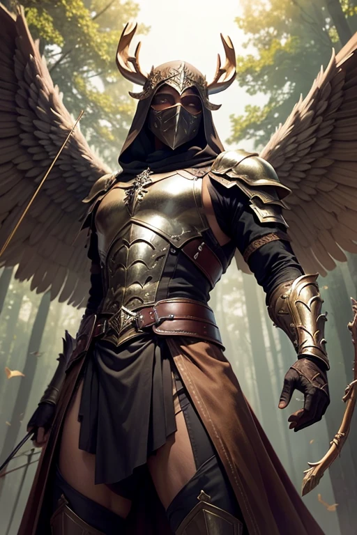 Male angel wearing old leather armor and assassin face mask (face hidden), long masive deer horns, large brown wings (((2 wings))), holding a wooden bow and arrows, forest scenario, dinamic pose, look from below