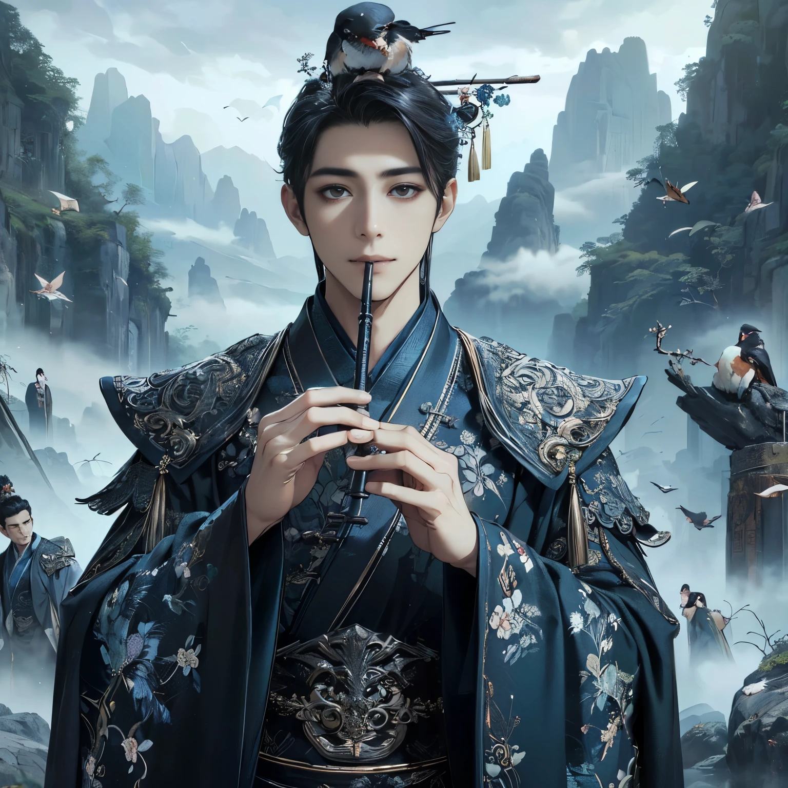 (Best Quality:1.2), (high resolution:1.2), (beautiful face and eye:1.2), (sharpest focus:1.2), (Ultra-realistic Photo:1.2), (Ultra-precise Photo:1.2), (Depth of field:1.2), (8k high resolution:1.2), (perfect anatomy:1.2), (nice hands:1.5),
(perfect hands:1.5), (Very young and masculine and dignified and beautiful Chinese male:1.5), (Beautiful nobleman:1.0), (A beautiful nobleman:1.0), (A shiny black hermit-like garment with fancy embroidery:1.0), (A gentle smile:1.3),
(Playing an iron flute:1.5), (A secluded hermit-like place deep in the mountains of China:1.0), (A mysterious fairyland:1.2), (Birds and animals gathered to listen to the sound of the flute:1.3), (Looking up angle:1.0),