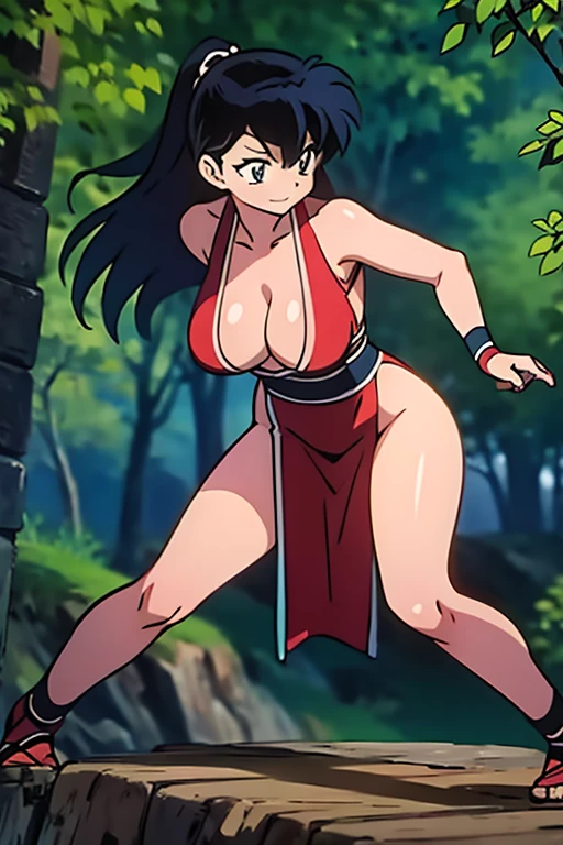 ((Master piece)), best quality, 1girl, solo, Kagome Higurashi, 25 years old, matured face, beautiful detailed eyes, ultra detailed eyes, extremely detailed face, large breasts, cleavage, very busty, big hips, She stands tall while wearing a red Kunoichi dress, pelvic curtain, arm guards and gloves. she's looking directly at the camera with an confident smirk. Her gaze is both alluring and fierce. dynamic pose, Clenching her fists, defensive pose, female fighter, martial arts, full body, 4k textures, epic artistic, sharp focus, even lighting, insane details, intricate details, hyperdetailed, rich colors, BREAK outdoors, green forest,