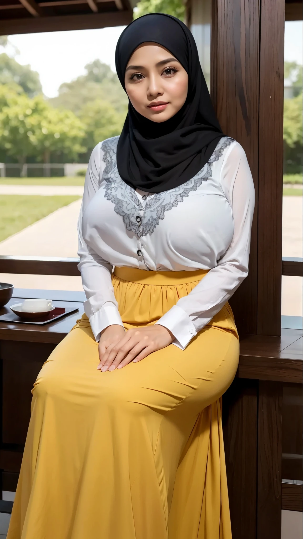 50 years Old, Hijab Indonesian mature woman, Big Tits : 66.9, Gamis, Breast out from her clothes : 1.9, at doctor office, Dark light, at Nighttime