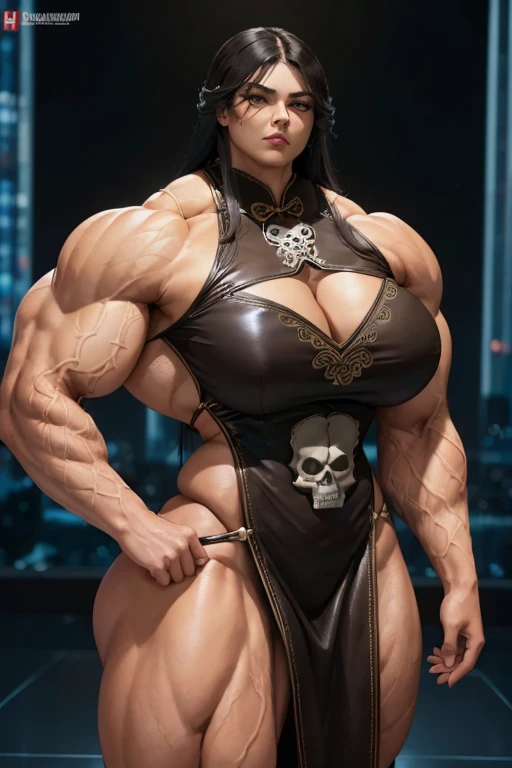 ((((Massive tall, beautiful, buff, brown skinned muscular woman with black hair, ginormous muscles, wearing a beautiful leather black Cheongsam dress adorned with intricate skull designs)))), close view, massive muscle, massive biceps, hyper muscle shoulders, ((massive muscle arms)) vascular shoulders, hyper muscle triceps, (long straight hair), orange eyes, choker, high heels, in a darken city, top of a skyscraper, confidant smile, night, hyper vascular arm, hyper muscles arms, hyper muscle legs, (massive arms).