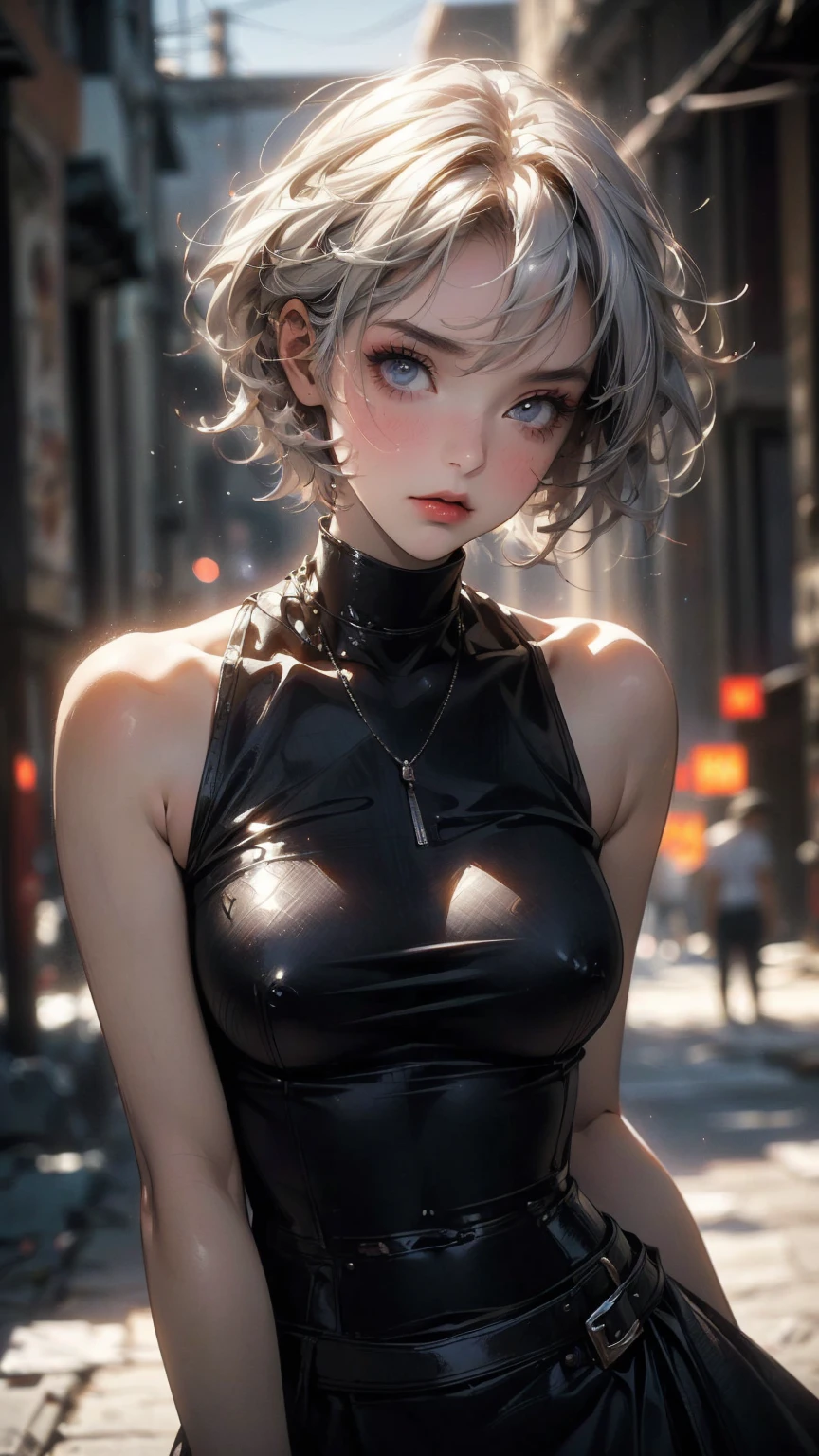 (masterpiece, High resolution, highest quality), ((20 year old woman, Composition from head to stomach, Upper body focus)), fashion pose, detailed eyes, Avant-garde makeup, messy short hair:1.2, ash gray hair, blurred background, The deserted backstreets of Cuba:1.3, cinematic lighting, anime style, simple lines, digital painting,