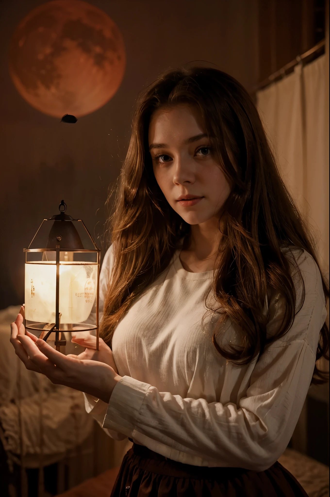 Create an ethereal scene under the glow of a blood-red moon, where Theon, a herbalist in long sleeve cream shirt and Elena's worlds collide, a beautiful journalist with long luscious brown hair in 1950's, symbolizing their forbidden yet undeniable connection across dimensions.