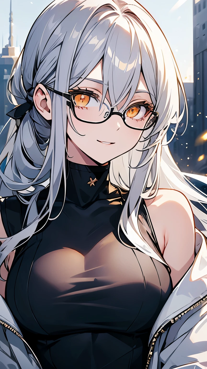 (((golden eyes))), (silver hair), Hair style is ponytail, Black clothing,Plain oversized hoodie, About 26 years old,1 female, slanted eyes, smiling expression,masterpiece,highest quality,Super detailed,long hair,beautiful,Light blue highlights on eyes,Blue gradient for eyes,waist,very delicate and beautiful,(Lens flare),(Vignette Light:1.2),(fantastic light particles:1.2),one woman,morning,dramatic lighting, Bluish light, Calm atmosphere,beautiful eyes,Mature,white shorts,Glasses,soft sunlight,nature background,outdoor,detailed background,cityscape,building