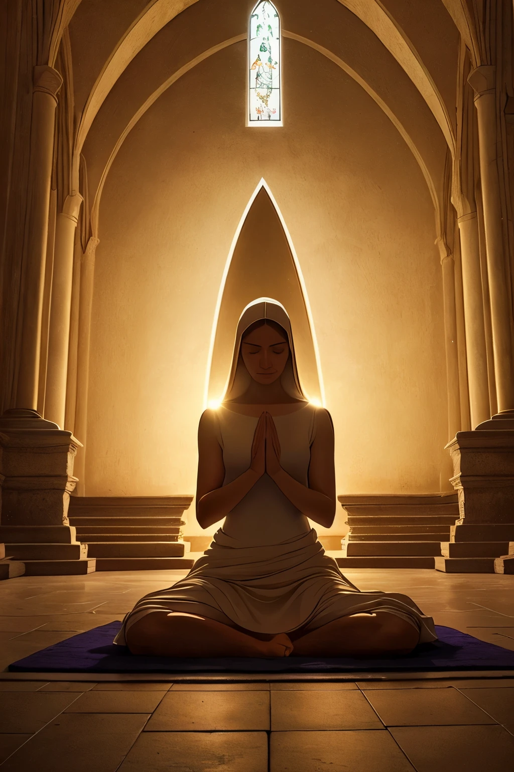 In the stillness of the night, a figure on their knees emerges, lost in deep prayer against a backdrop of divinity. The ethereal atmosphere is bathed in soft directional light--a gentle illumination that casts elongated shadows--an AR 3:2 ratio frame captures this humble scene. The light source, with a softness setting of 250 and a secondary light setting of low intensity, envelops the figure in a heavenly glow, inviting an almost spiritual connection with the audience--a masterpiece of nocturnal prayer.