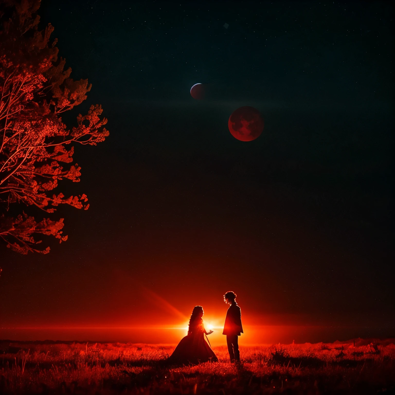 Create an ethereal scene under the glow of a blood-red moon, where Theon and Elena's worlds collide, symbolizing their forbidden yet undeniable connection across dimensions.