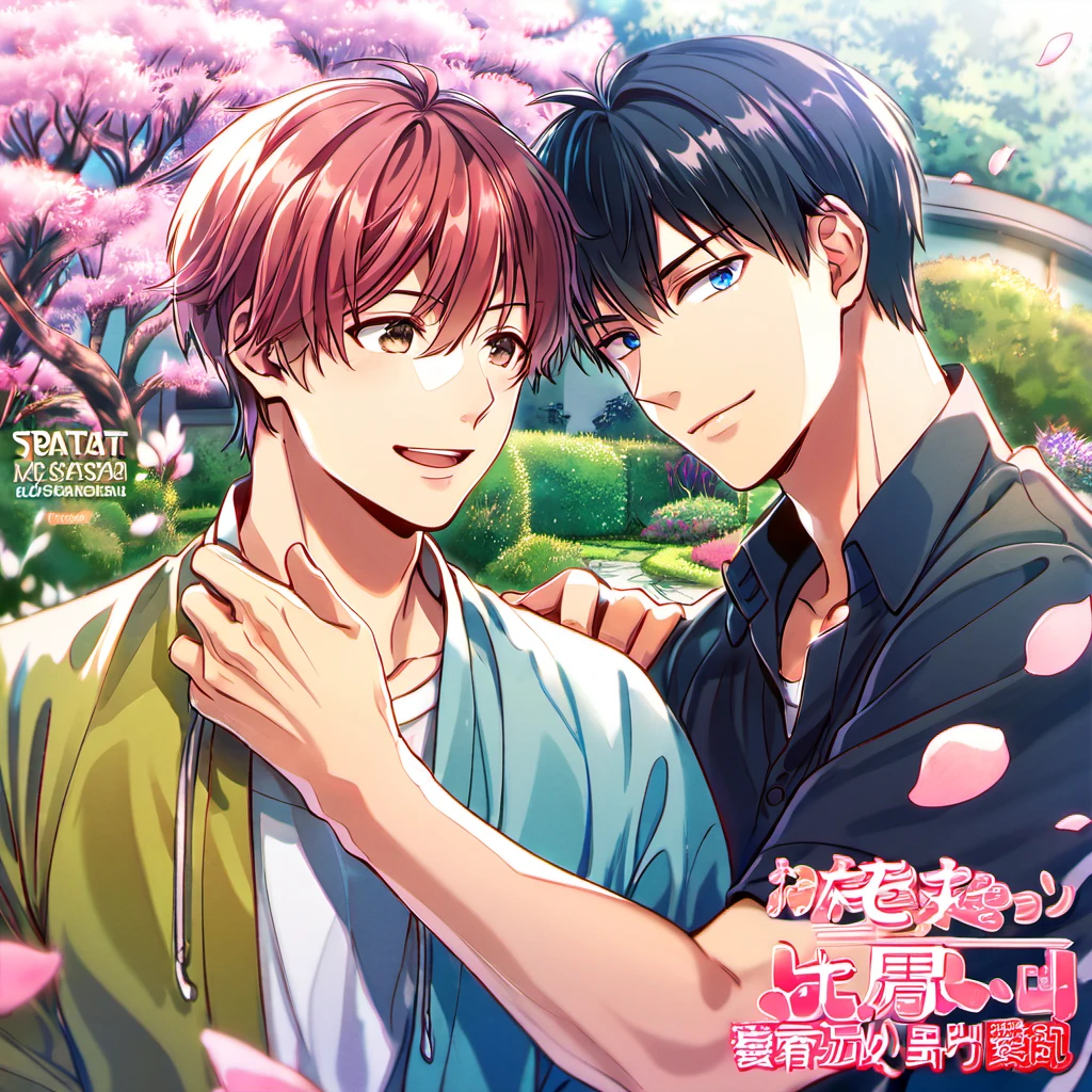 Ultra detailed, highres, absurdres, HDR, Uenoyama Ritsuka, black hair, blue eyes, Sato Mafuyu, pink-brown hair, brown eyes, garden, petals, Given, 2 men together, gay couple, handsome