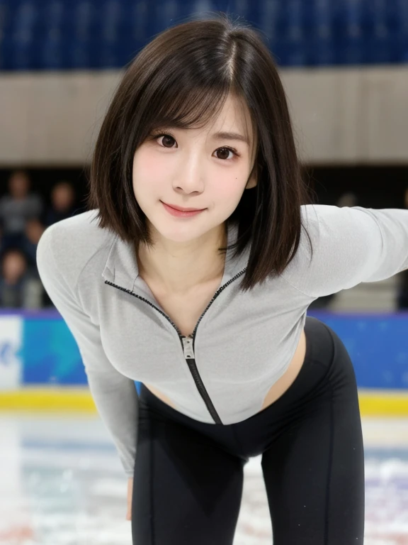 (kawaii 24 year-old Japanese girl, Nogizaka idol, Korean idol), healthy female athlete, figure skater, (glossy black hair, messy very short hair, pixie cut, symmetric hair length, even length hair edges:1.3), (bangs), (rounded face, black eyes, single eyelid, no makeup, soft smiling:1.2), (wearing long sleeved training half zip tops:1.3), flat chest, extra small breasts, sports leggings, (looking at viewer:1.2), BREAK, (ice skate arena background:1.3), (dynamic angle:1.3), face focus, BREAK, (masterpiece, best quality, photo realistic, official art:1.4), (UHD, 8K quality wallpaper, high resolution, raw photo, golden ratio:1.2), (shiny skin), professional lighting, physically based rendering, award winning, (perfect anatomy, highly detailed skin, extremely detailed face and eyes), Carl Zeiss 300 mm F/2.8, depth of field, 1girl, solo,