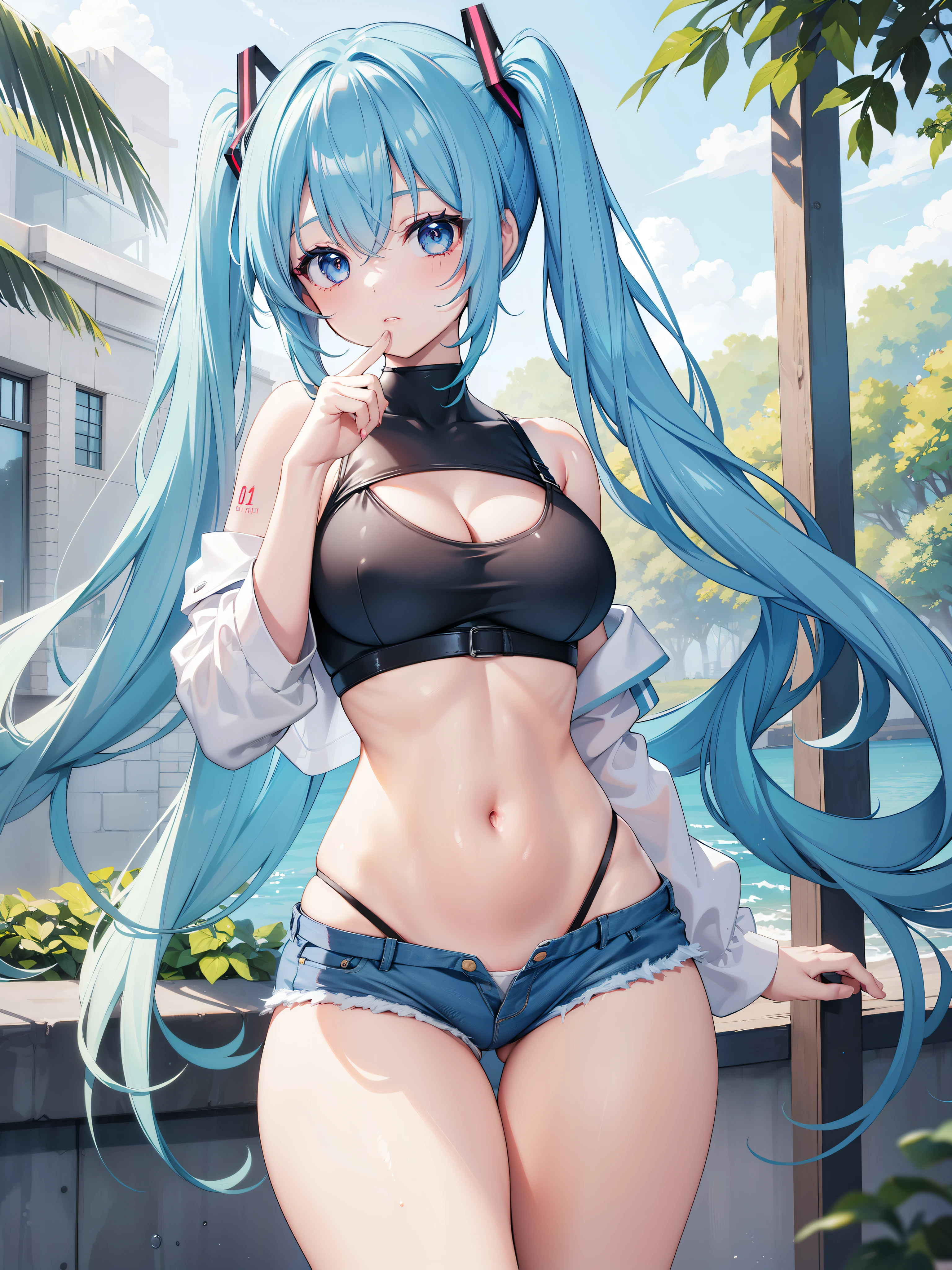 (masterpiece), (best quality), (4k resolution), (anatomy; perfect), character Hatsune Miku, 1 adult girl, light skin, blue eyes, (big blue hair), (locks, bangs), tied hair two sides, (light effects on hair), eyebrow, nose, ear, mouth, lips, short blouse, short denim shorts, tight tights, (big chest), (perfect belly), (perfect waist), thick legs, thigh thick, background scenery, in the park, beautiful day, lighting, looking at viewer