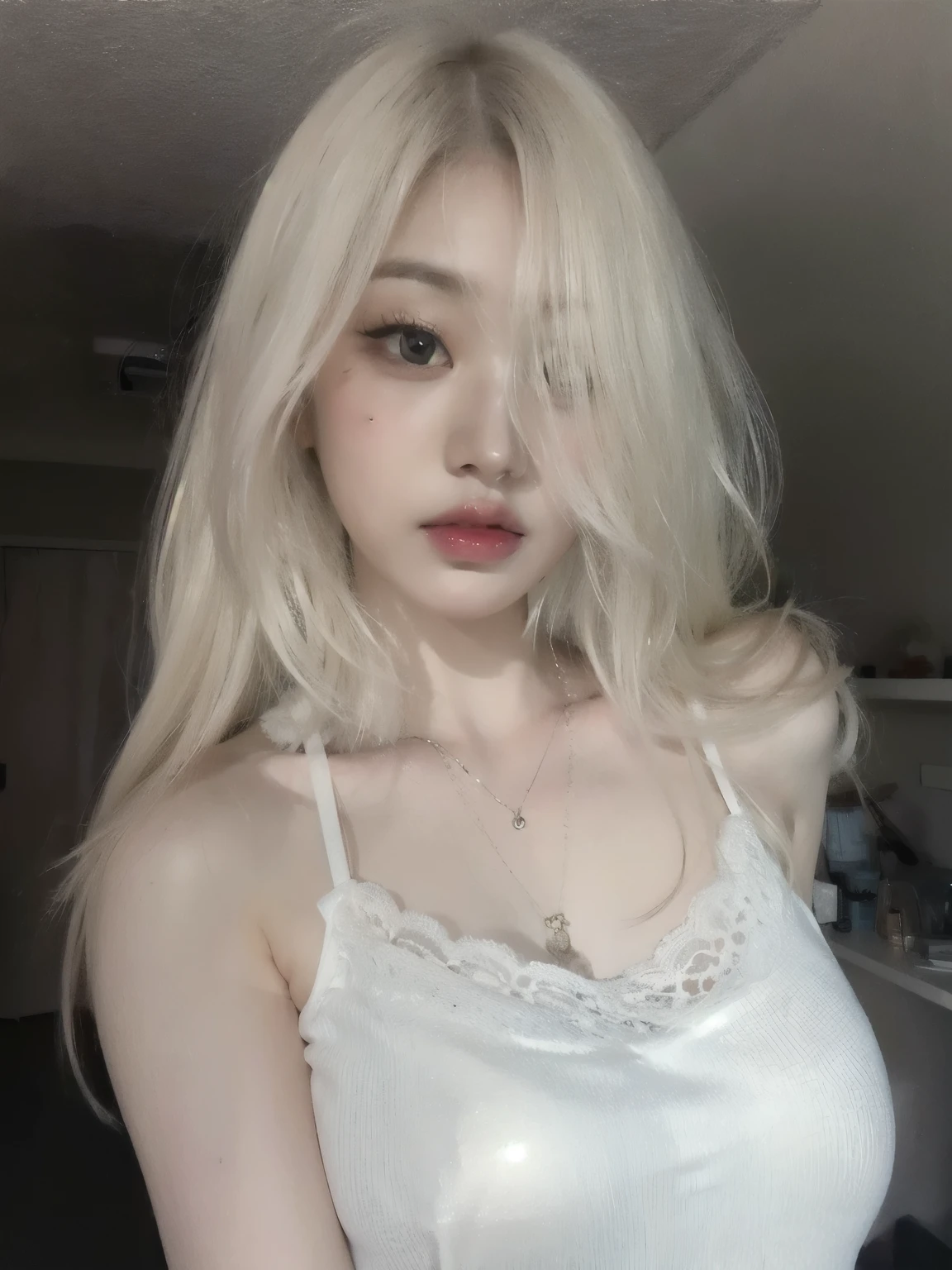 Mujer rubia con cabello largo vistiendo una camiseta blanca y un collar., pale white skin, extremely pale blonde hair, soft pale white skin, extremely pale white skin, pale, shiny skin, very very pale blonde hair, (12x) extremely pale white skin, pale porcelain white skin, very pale white skin, pale ivory skin, pale fur, amoranto, Jennie blackpink.