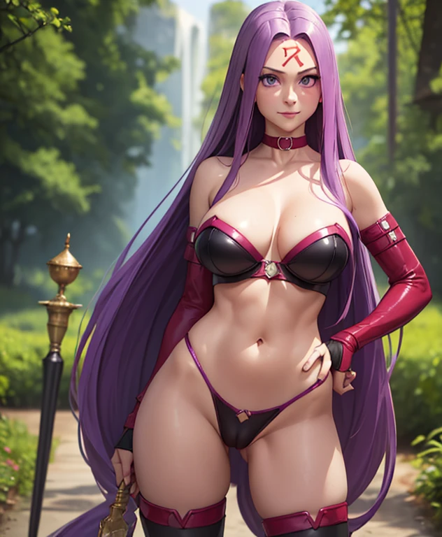 high resolution,ultra-detailed,best quality,masterpiece,8k,,1woman, {medusa_FGO:1.15},full,body,perfect face,looking at viewer,s(((realistic))),pale skin fighter,(((long straight purple hair)),eyes,seductive smile,(((large breasts))),large ass,,,,boots,choker,contrapposto stand,clothed,cameltoe,(Red rein mark on forehead),