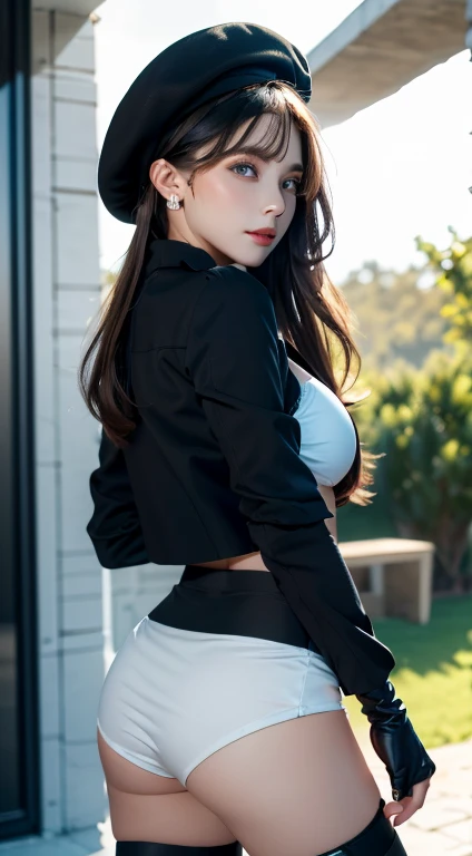  22 years old, (milf:0.8), (solo:1.5), (sfw:1.25), cute breast, beautiful breasts, medium tits, thin waist, big ass:1.0, Raised sexy, (beret, black jacket, open clothes, cleavage, midriff, black shorts, black thighhighs, thigh strap, fingerless gloves, single glove:1.2), blue eyes, light smile, big , Revimpling fabric, earrings, Hand gloves, detailed face,(smoking:1.3),long hair,side ponytail,hair between eyes,bangs,detailed and beautiful eyes,beautiful detailed lips,Rolling her eyes,manner,hair over one eye, (ultra high resolution, 8K RAW photo, photo realistics, thin outline:1.3, clear focus), best qualtiy, natural lighting, textile shading, blurry back ground, field depth, (Bright pupils, fine detailed beautiful eyes with highlight:1.3, high detailed face), Red lip, fine realistic skins:1.1, looking down viewers:1.3, (dynamic angle:1.3, front view:1.1, breast focus:1.3, from below:1.2), (dynamic posing:1.5, sexy posing:1.2),Youghal, side lock, hair ornaments, hair band,nice,garden background,artistic rendering,Super detailed,(highest quality,4k,8K,High resolution,masterpiece:1.2),Bright colors,studio lighting
