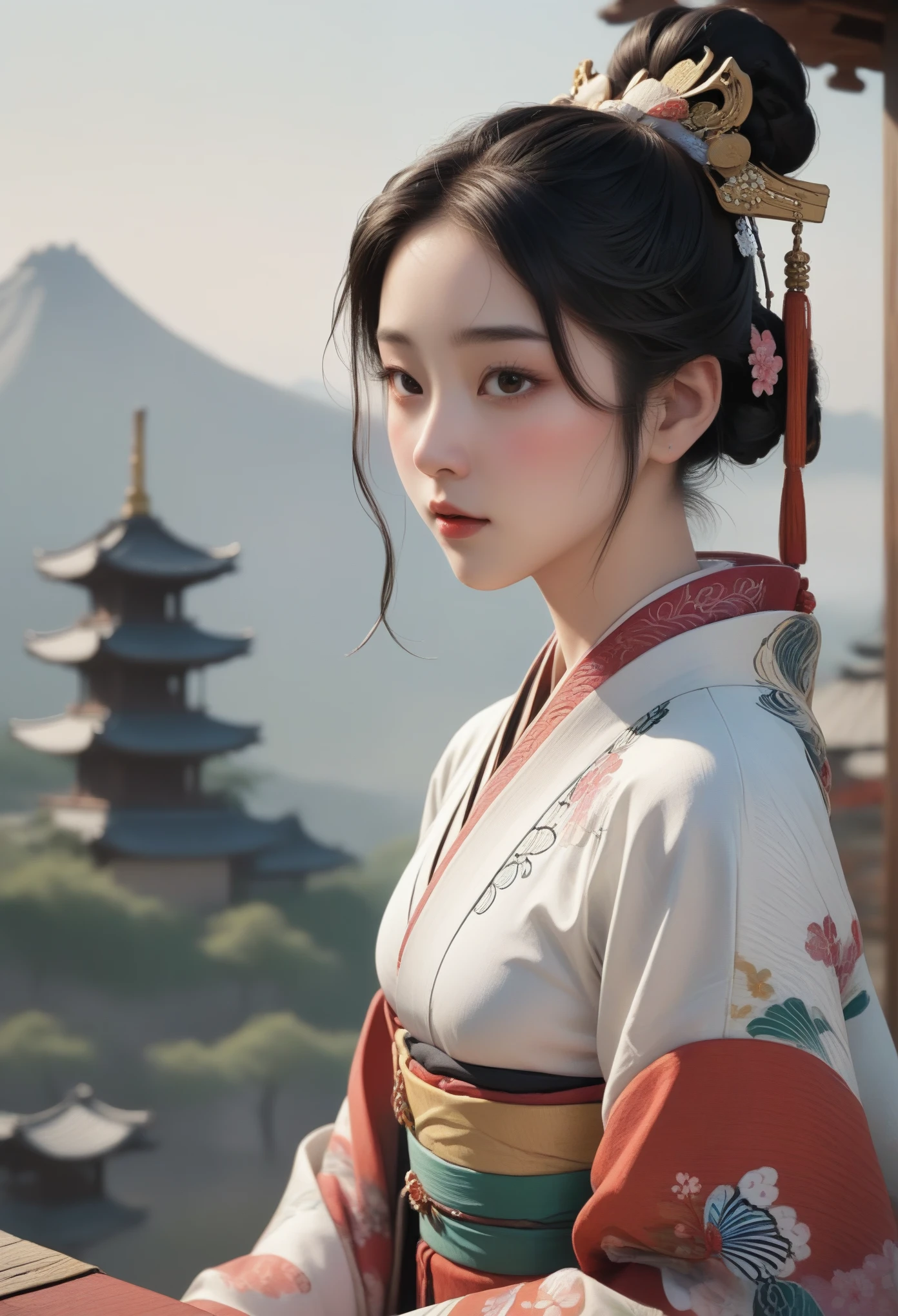 ((masterpiece)),((best quality)),8K,high detail,Super detailed,intricate details,xs-Summary,1 girl, Butterfly, alone, loopholes, hair accessories, black hair, Mountain, east asian architecture, flower, architecture, pagoda, hanfu,