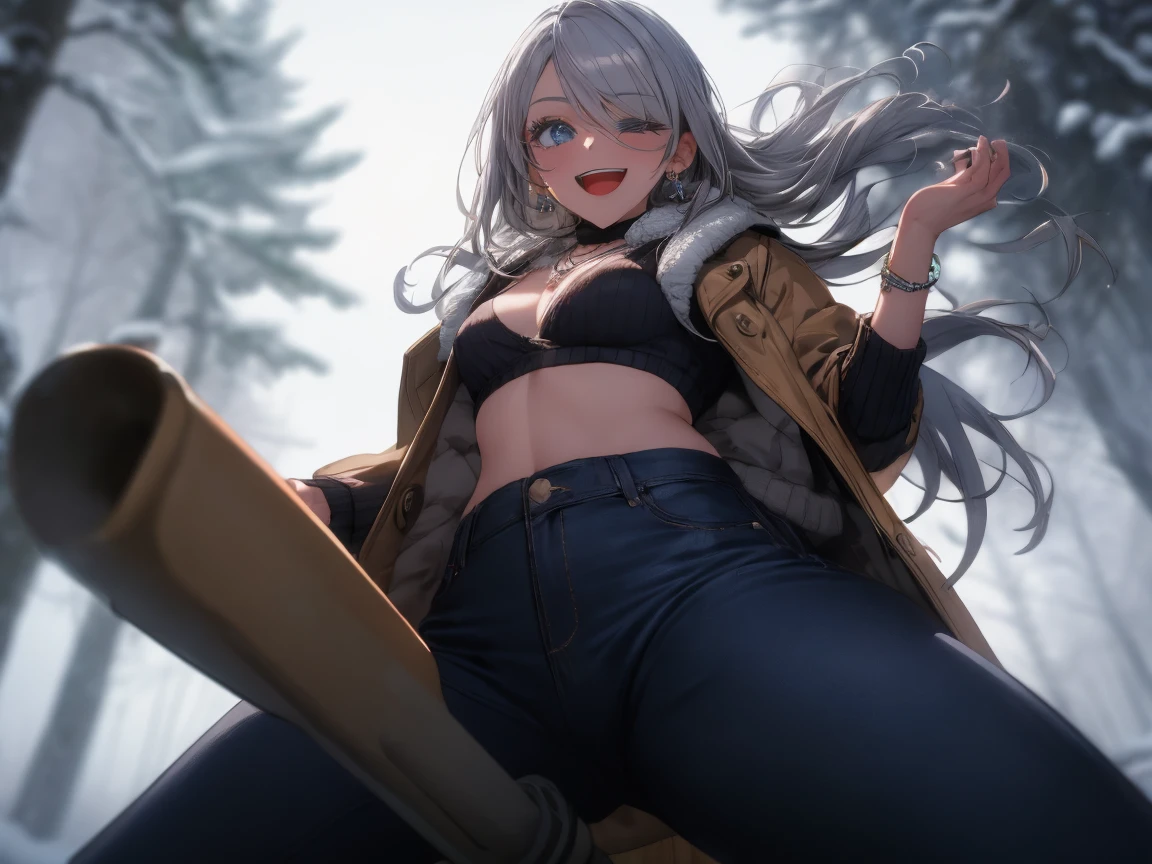 (masterpiece, best quality:1.2), (High resolution, 8k original photo, Photorealism, Clear focus, thin outline:1.3), (movie lighting, Textile shading), View, ((alone:1.37)), (1 Mature woman, 28 years old, Raised sexy), ((milf:1.5)), ((NFSW:1.37, Running chest:1.3, Breast sagging, big deal , cleavage, sexual harassment, in hot state)), ((Bright beautiful eyes,Highlights:1.3, delicate eyes, high detail students)), Beautiful girl in winter clothes:1.5, ((cute girl dancing In the snow:1.5, Step and turn:1.2, spread legs, open arms, Flowing hair)), winter casual wear, Wearing a light orange winter coat:1.2, Clothes with fluttering coats, Chunky Knit Sweater, skinny jeans, Knitted scarf around neck, Tighe_boots), Your body is decorated with falling snowflakes, In the snow, (looking at the audience, With a charming smile, Eyes half-closed), ((Small open mouth:1.37)), Silver Multicolor Hair, medium long hair, hair covering one eye, asymmetrical hair, edge rock, blue eyes, (Luxurious accessories, necklace, earrings, bracelet), Bokeh, Dutch Cape, Close-up face:1.5, crotch focus, ((From the side below:1.5)), ((correct anatomy:1.6, ideal body proportions, right hand:1.5, tiny hand)), outdoor, In the snowy forest, Snow covered ground, Trees decorated with snow, Snow shovel,