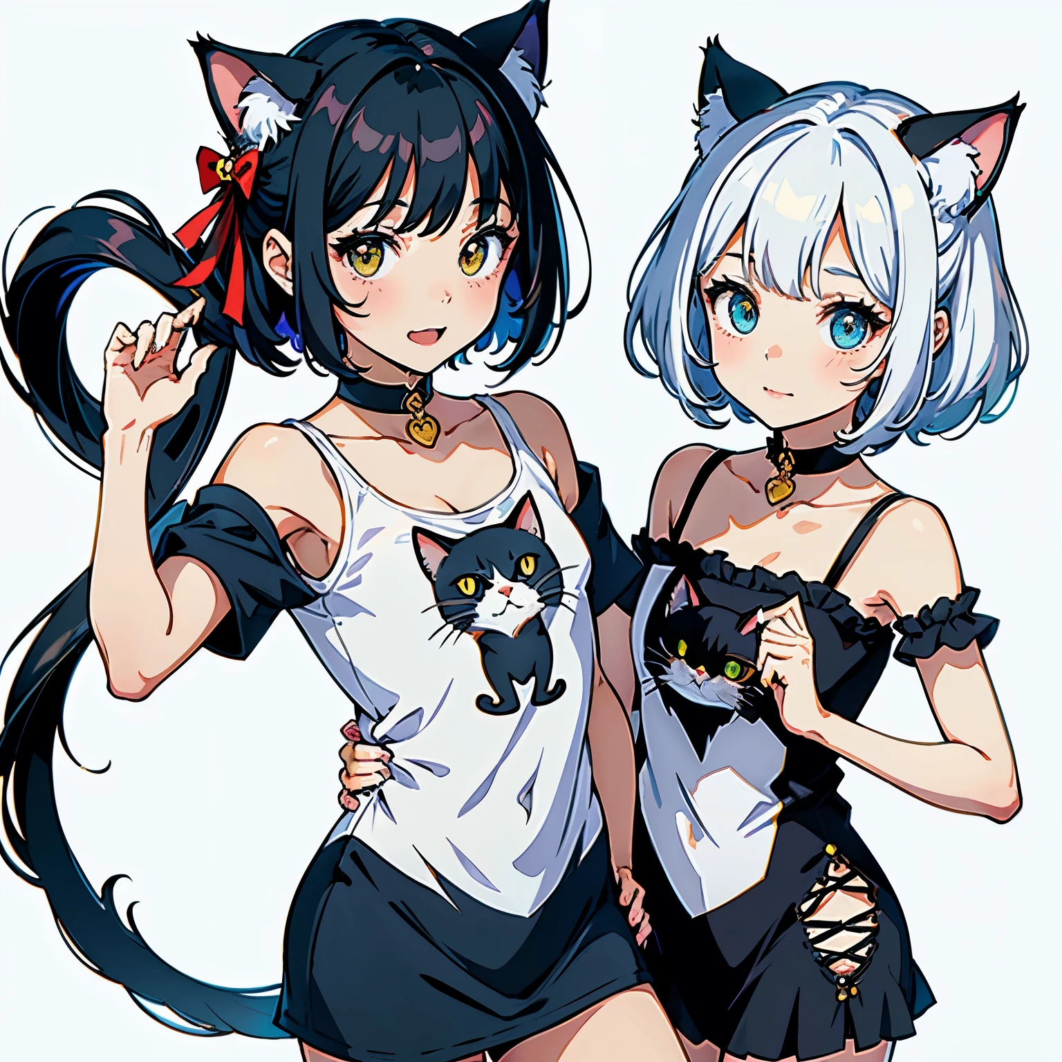(highest quality, masterpiece, High resolution)、(anime art)、cinematic light、soft light、two girls、black hair、Black cat costume、White Cat Costume、Tabby cat costume、Striped cat costume、Persian Cat Costume、(3-color cat costume)、(loose t-shirt)、loose shirt、off shoulder、sexy mini dress、(Cat ear)、bob cut、semi-long、bun hair、hair ornaments、choker、Cute face details、enchanting smile、small breasts、whole body、(cat pose)、((twisting the body))、beckoning、playing、dance、Cat jarashi、Crackers popping、Party Decoration、((white background))、