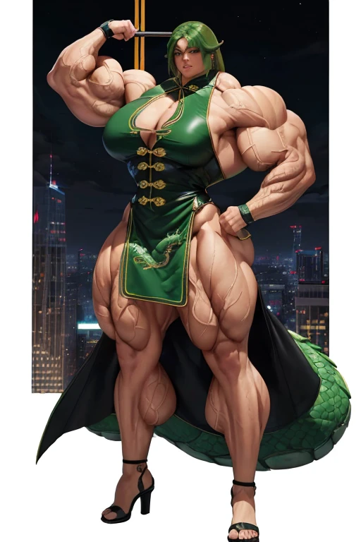 ((((Massive tall, beautiful, buff, brown skinned muscular woman with green hair, ginormous muscles, wearing a beautiful black leather Cheongsam dress adorned with intricate dragon designs)))), close view, massive muscle, massive biceps, hyper muscle shoulders, ((massive muscle arms)) vascular shoulders, hyper muscle triceps, (long curvy hair), orange eyes, choker, high heels, in a darken city, top of a skyscraper, confidant smile, night, hyper vascular arm, hyper muscles arms, hyper muscle legs, (massive arms).