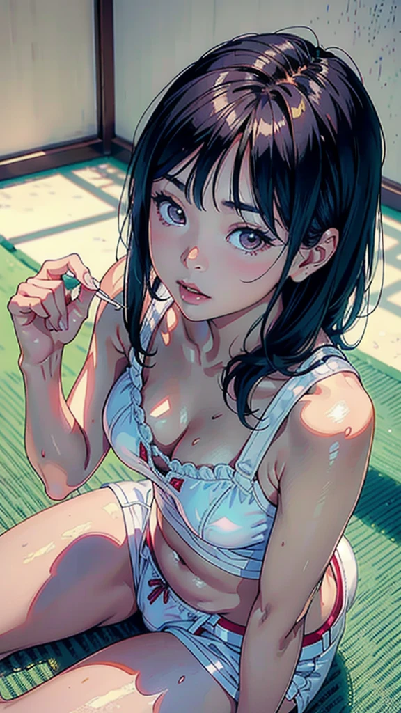 A fifty-something Asian woman in white underwear sitting on the floor, realistic young gravure idol, Yoshitomo Nara, sakimichan, Young beautiful girl gravure idol, young gravure idol, shikamimi, Chiho, 8K)), young sensual gravure idol, Glossy skin that looks wet!!, shiny silver