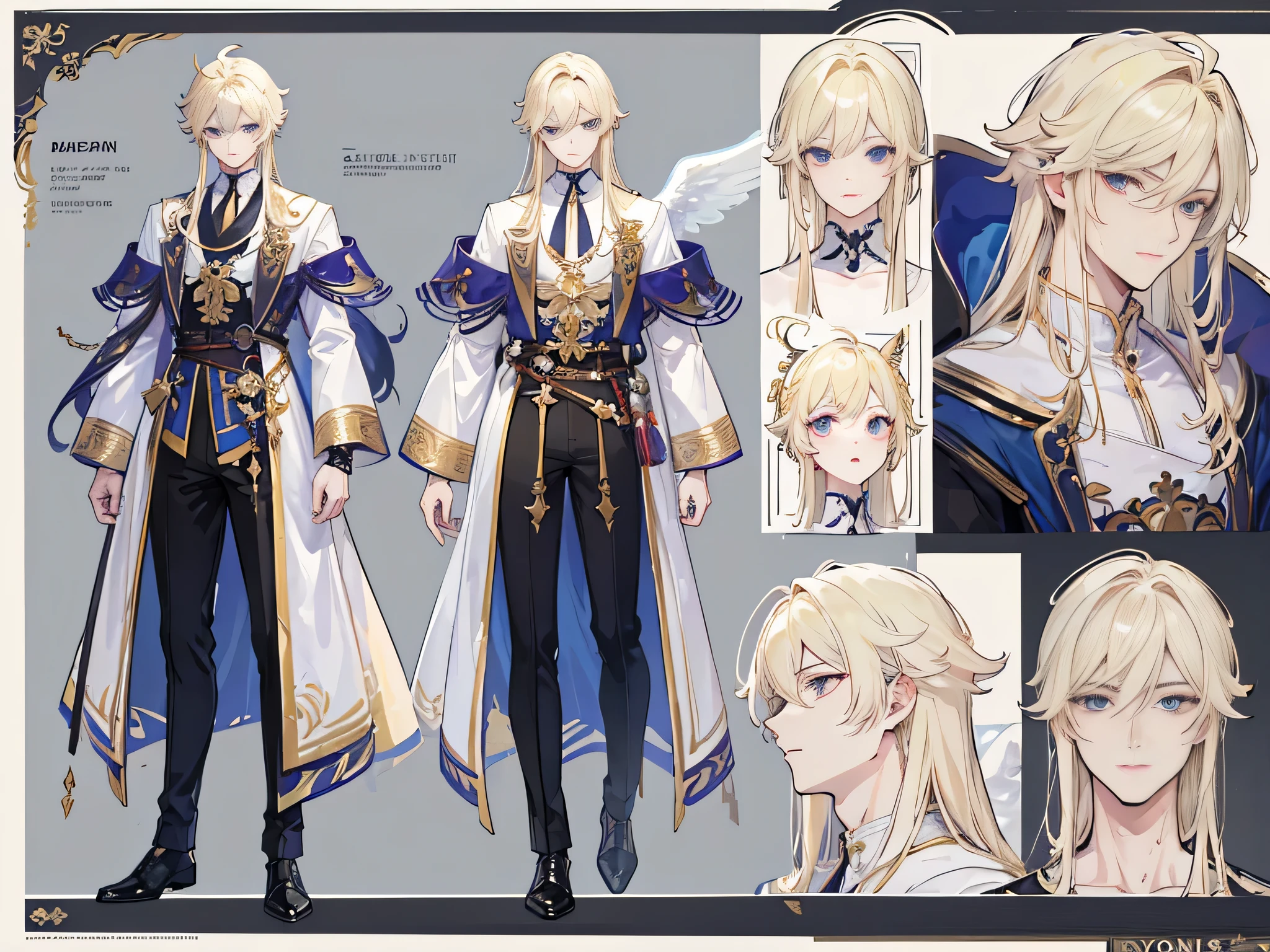 ((Masterpiece, Highest quality)), Male, boy, Detailed face, character design sheet, full bodyesbian, Full of details, frontal body view, back body view, Highly detailed, Depth, Many parts, Muscle boy with blonde long hair,handsome man, angel outfit clothes, Genshin Impact, man tall