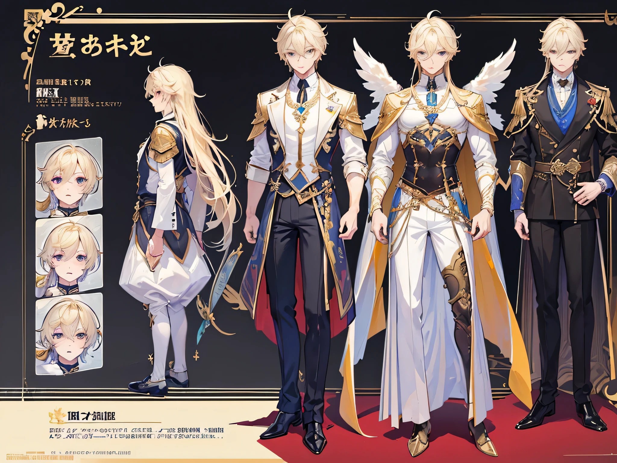 ((Masterpiece, Highest quality)), Male, boy, Detailed face, character design sheet, full bodyesbian, Full of details, frontal body view, back body view, Highly detailed, Depth, Many parts, Muscle boy with blonde long hair,handsome man, angel outfit clothes, Genshin Impact, man tall