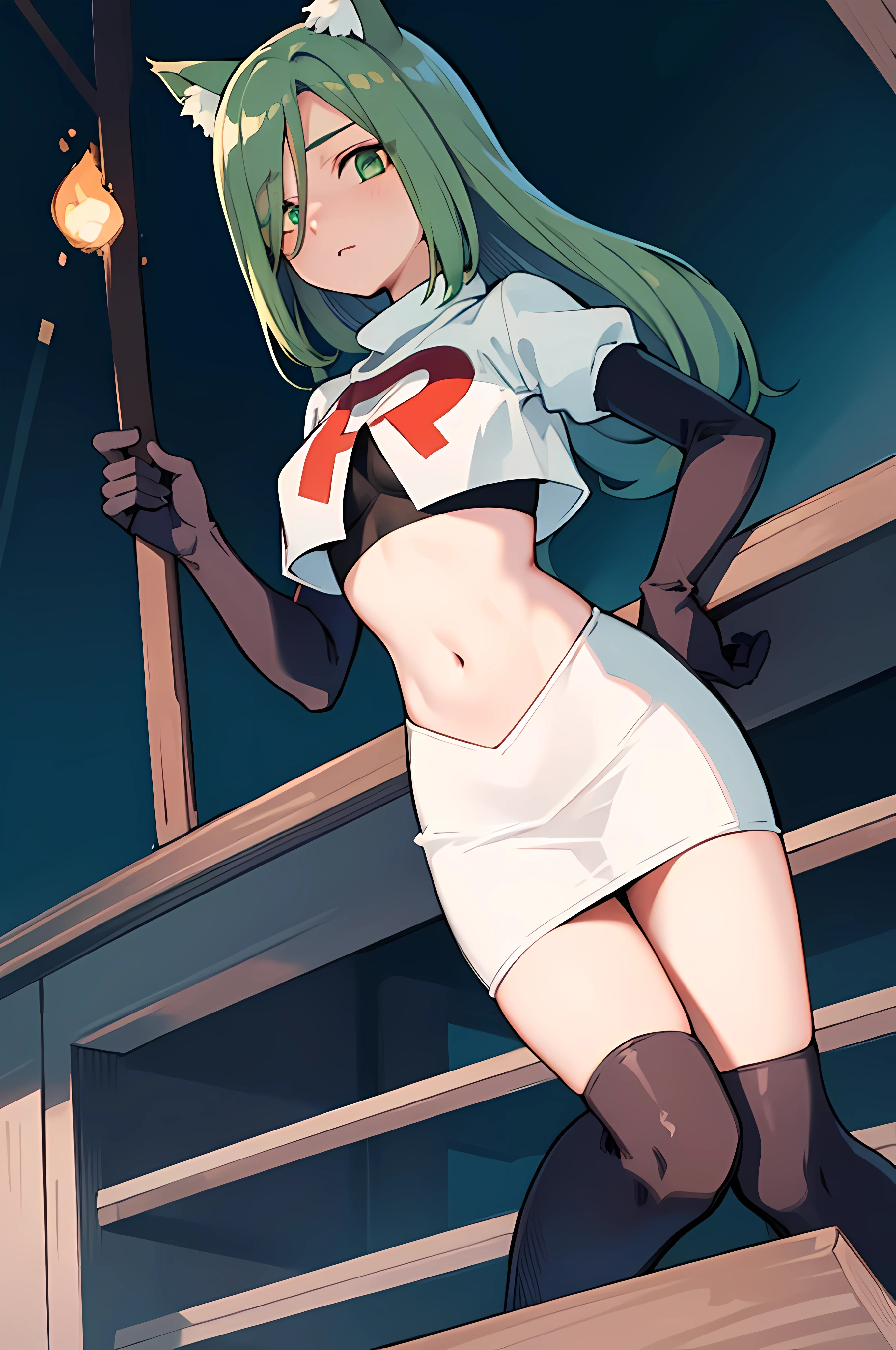 masterpiece, best quality, Izumi\(digimon\),hair over one eye, green eyes, long hair, 1girl, solo, team rocket,team rocket uniform, red letter R, white skirt,white crop top,black thigh-highs,black elbow gloves, cat hat