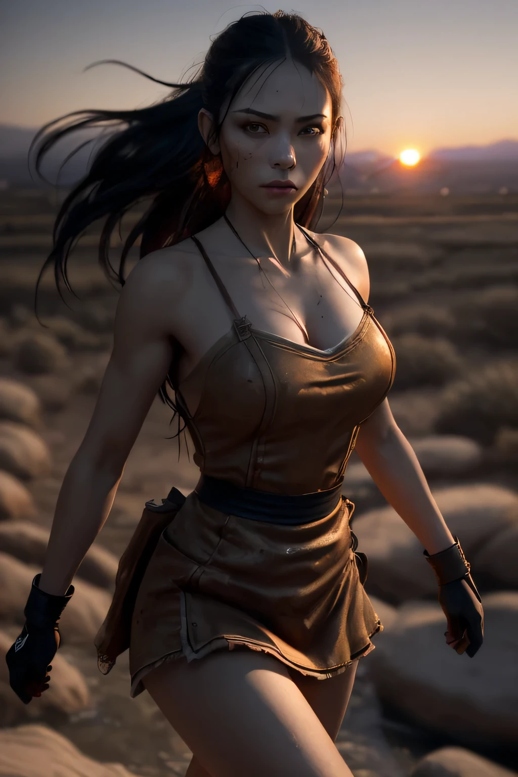 (masterpiece), (very complicated:1.3), (realistic), girl portrait, (dark fantasy, gore), (dynamic perspective), the most beautiful in the world, (waitress), medium-long shot, outdoor, dynamic angle, running fighting stance, dry river bed, Kure, Haifa, Stunning female professional photo details, sharp focus, dramatic, Award history, cinematic lighting, Octane Rendering Unreal Engine, volumetrics dtx, (film grain, blurred background, blurred foreground, Bokeh, Depth of the bounds written, sunset), holding sickle