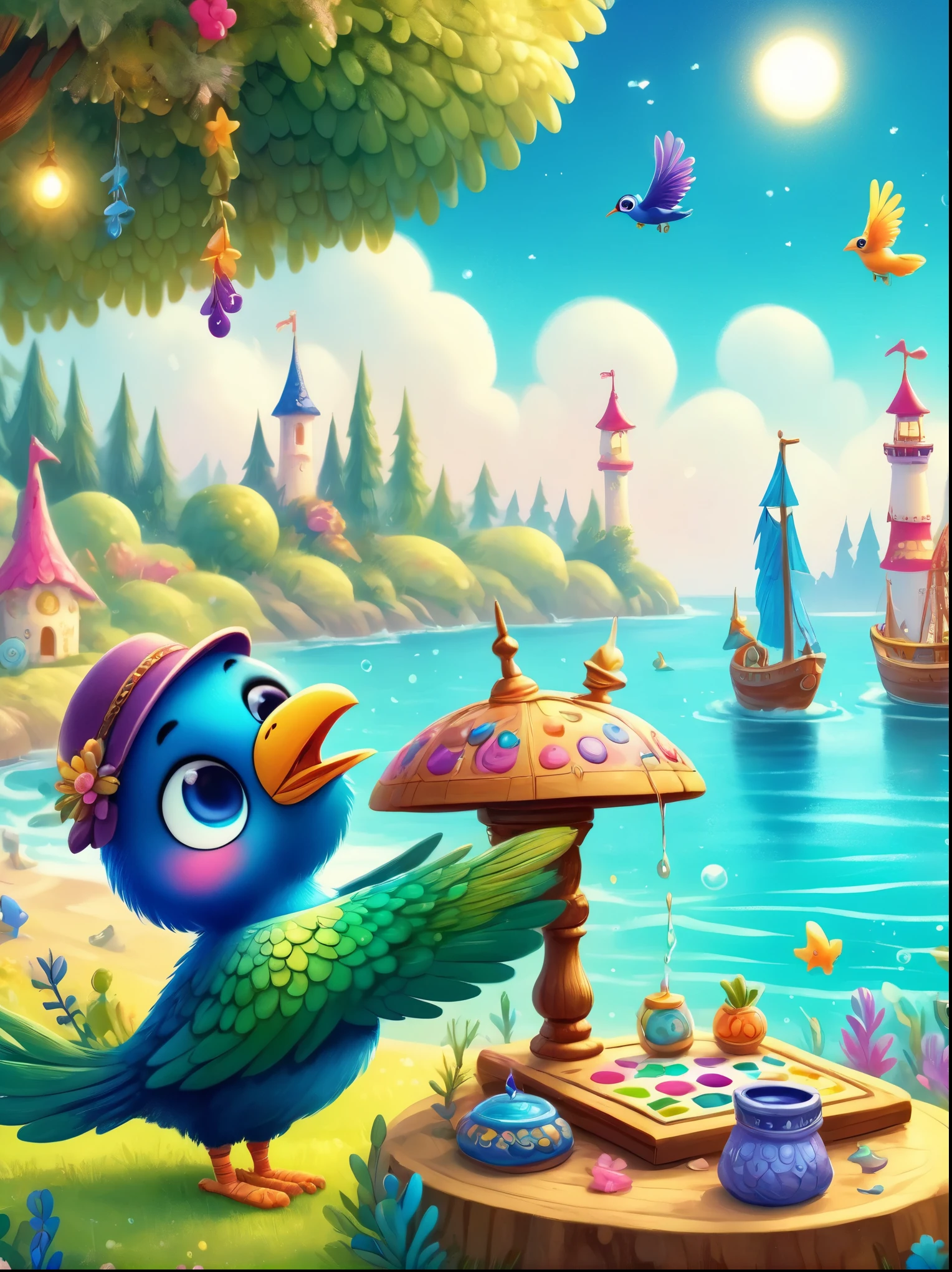 Photos with tilt-shift effect, Selective focus, Miniature effects, Very detailed, bright, View control, Naturally tilted pictures (Whimsical sense of art), charming additional fluffy, Cute peacock wearing a hat, ((He painted a still life on his easel, brush, sea view)), magic, macro photography, (charming:1.3), (luminescent: 1.2), (huge flora: 1.1), mystery, vivid photography, flashing light, Preoccupied, Bizarre, Disturbing, soft focus, Overly detailed digital art