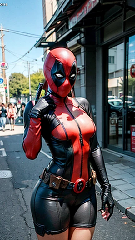 (8K, Raw photo, ultra photoreal sim, High resolution)Female body set big breasts, Cosplay dressed in Deadpool, sexy, put both hands behind one's back