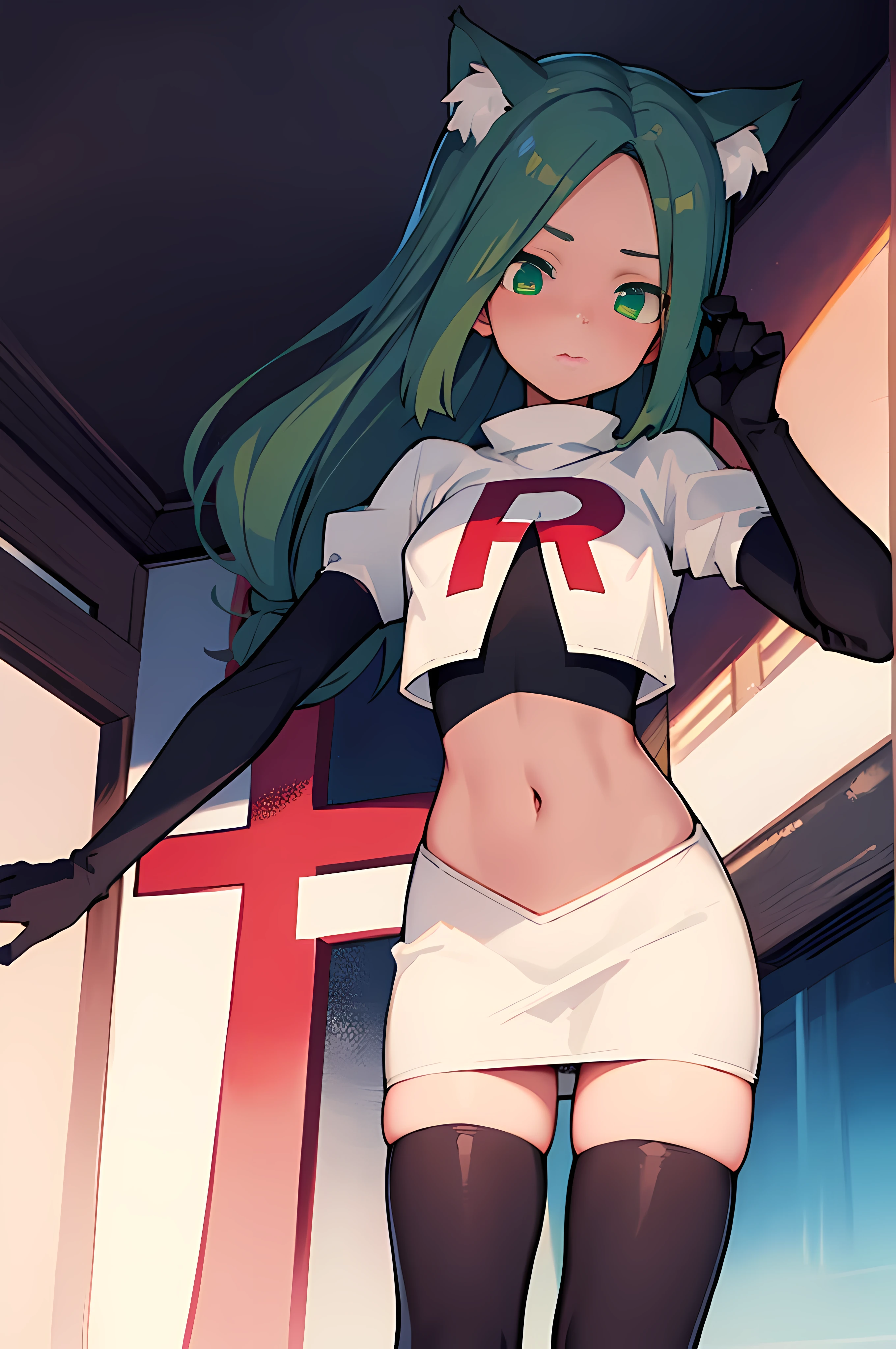 masterpiece, best quality, Izumi\(digimon\),hair over one eye, green eyes, long hair, 1girl, solo, team rocket,team rocket uniform, red letter R, white skirt,white crop top,black thigh-highs,black elbow gloves, cat hat