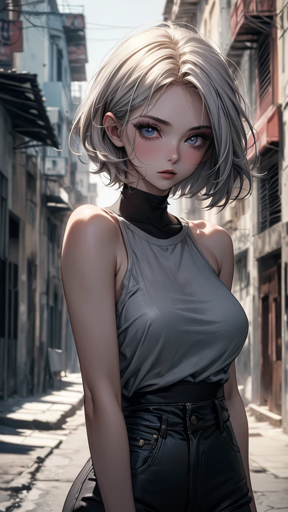 (masterpiece, High resolution, highest quality), ((20 year old woman, Composition from head to stomach, Upper body focus)), fashion pose, detailed eyes, Avant-garde makeup, messy short hair:1.2, ash gray hair, blurred background, The deserted backstreets of Cuba:1.3, cinematic lighting, anime style, simple lines, digital painting,