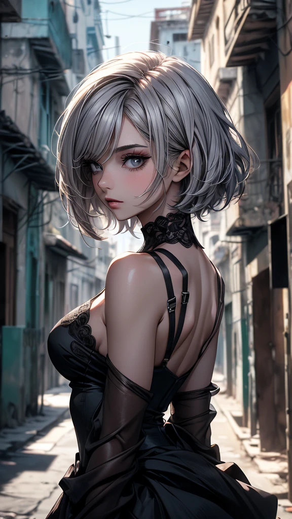(masterpiece, High resolution, highest quality), ((20 year old woman, Composition from head to stomach, Upper body focus)), fashion pose, detailed eyes, Avant-garde makeup, messy short hair:1.2, ash gray hair, blurred background, The deserted backstreets of Cuba:1.3, cinematic lighting, anime style, simple lines, digital painting,