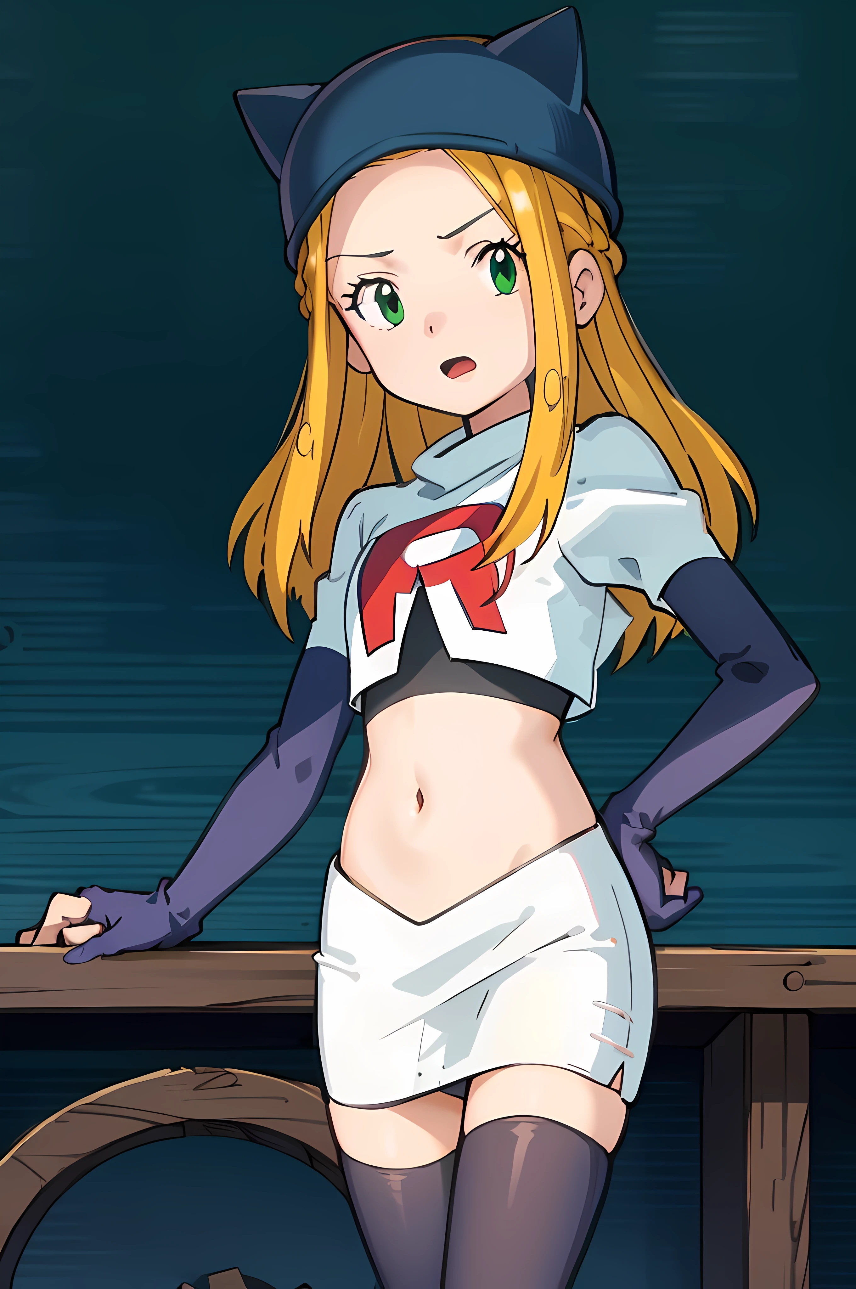 masterpiece, best quality, Izumi\(digimon\),hair over one eye, green eyes, long hair, 1girl, solo, team rocket,team rocket uniform, red letter R, white skirt,white crop top,black thigh-highs,black elbow gloves, cat hat