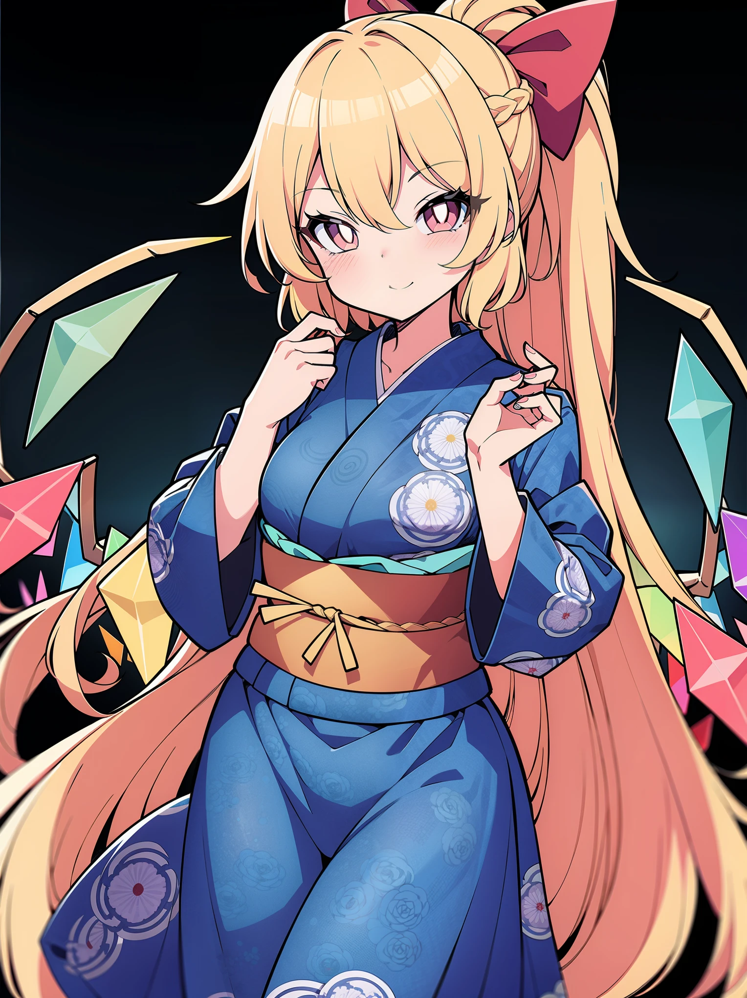 (cowboy shot), (colorful:1.1), glowing, (ultra-high resolution, depth of field:1.2), (Flandre scarlet:1.1), (1woman), (adult), in her 20s, (Touhou project), (medium breasts), (crimson eyes), white pupils, glowing eyes, (long hair:1.2), blonde hair, ponytail, (french braid), Arranged from the tip of her wings her 8 crystals which are presented in seven colors: light blue, blue, purple, pink, orange, yellow, light green, and finally light blue again, (wearing an intricate yukata1.4), frills, (mansion scenery:1.2), scarlet devil mansion, (blushing), shy, squinting eyes