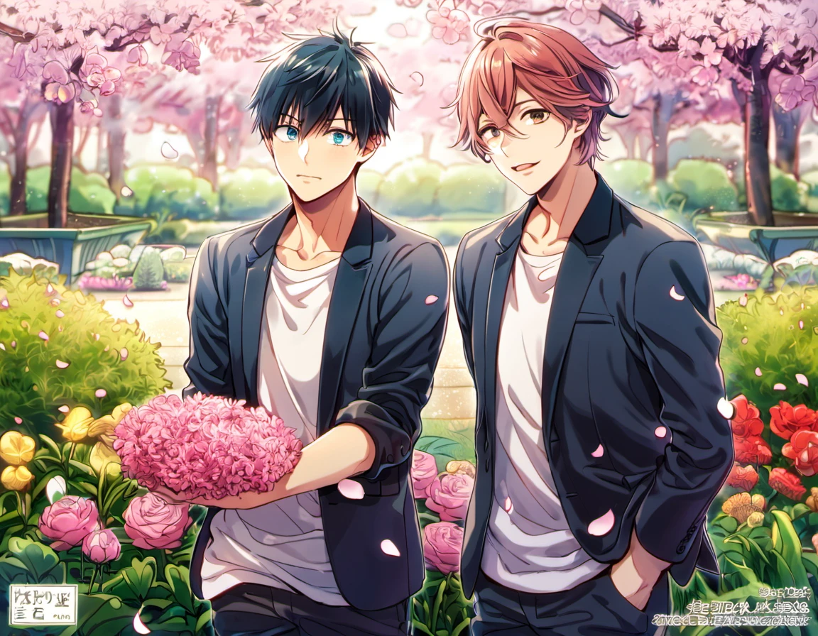 Ultra detailed, highres, absurdres, HDR, Uenoyama Ritsuka, black hair, blue eyes, Sato Mafuyu, pink-brown hair, brown eyes, garden, petals, Given, 2 men together, gay couple, handsome