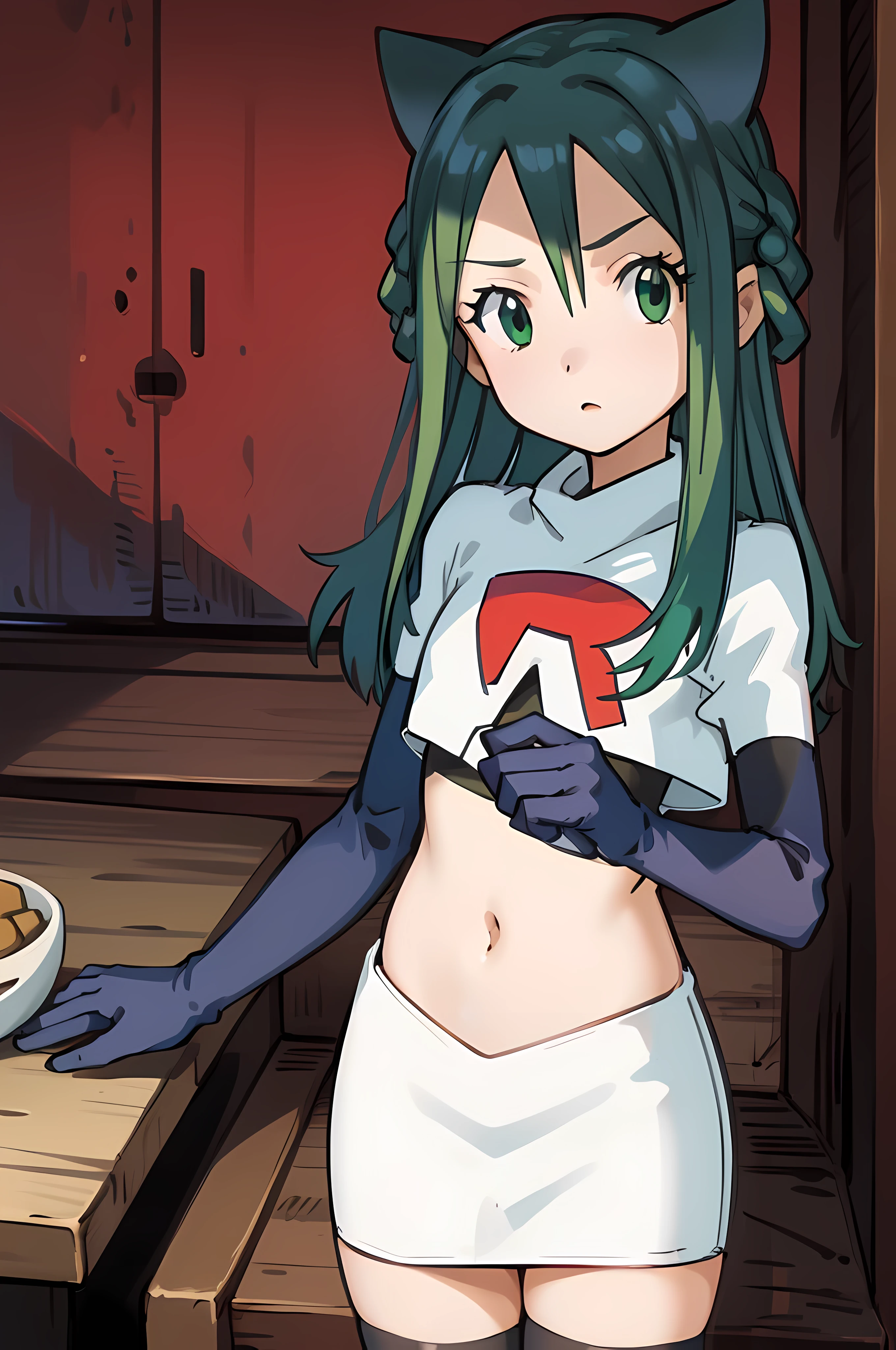 masterpiece, best quality, Izumi\(digimon\),hair over one eye, green eyes, long hair, 1girl, solo, team rocket,team rocket uniform, red letter R, white skirt,white crop top,black thigh-highs,black elbow gloves, cat hat