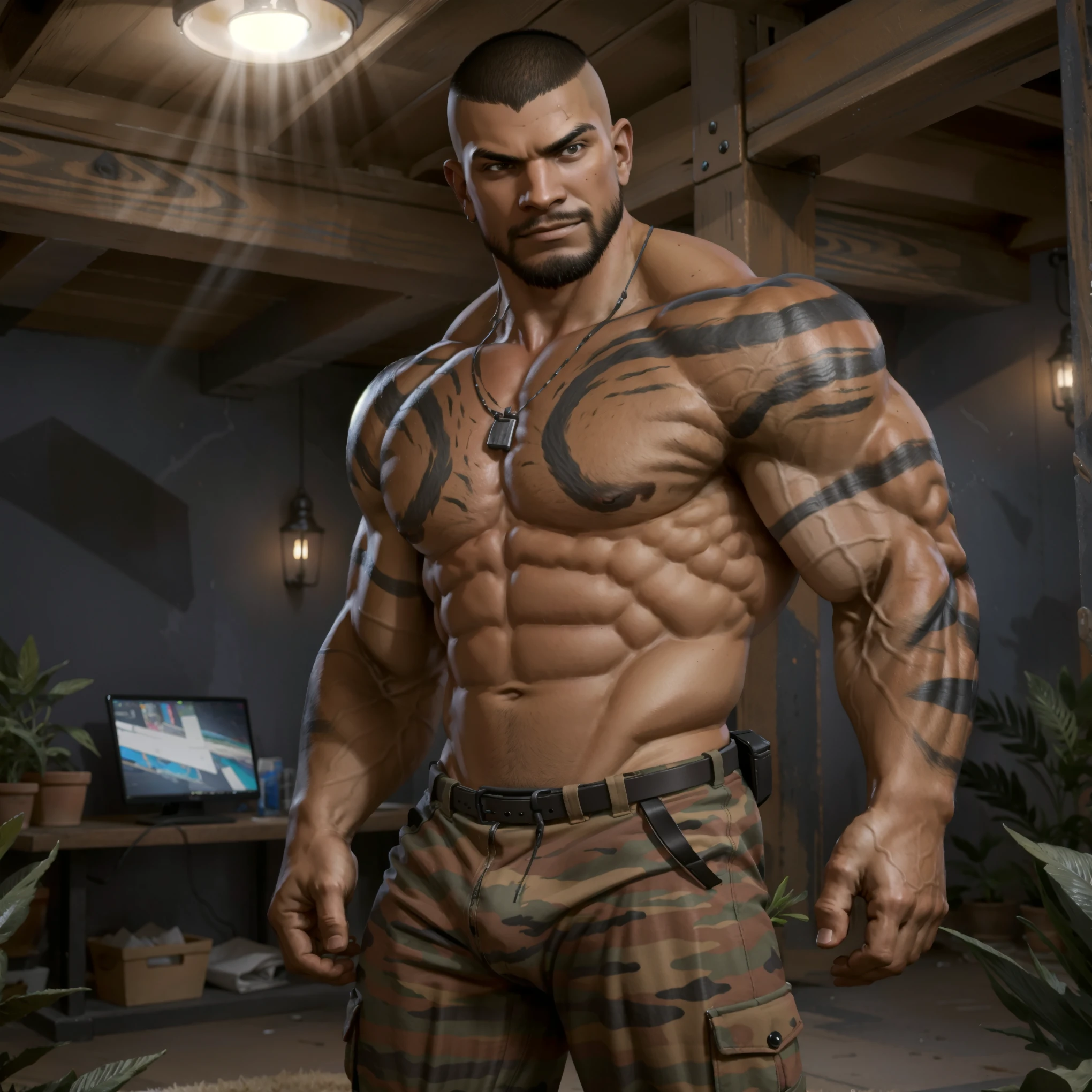 (masterpiece, best quality:1.2), 1boy, solo, (cowboy shot), inside desert camouflage colored tent, (standing at attention), brunette hair, (buzz cut hair), powerful pecs, huge biceps, pectoral, huge pectoral, wide pectoral, six pack abs, camouflage pants, boots, topless male, beefy, dark-skinned male, dark skin, shoulder tattoo, chest tattoo, manly, muscular male, the expression is particularly happy, the expression of excitement, the euphoria is a close-up, the lens mainly features the upper body, high quality, 4K, 8K, resolution, -auto-s2