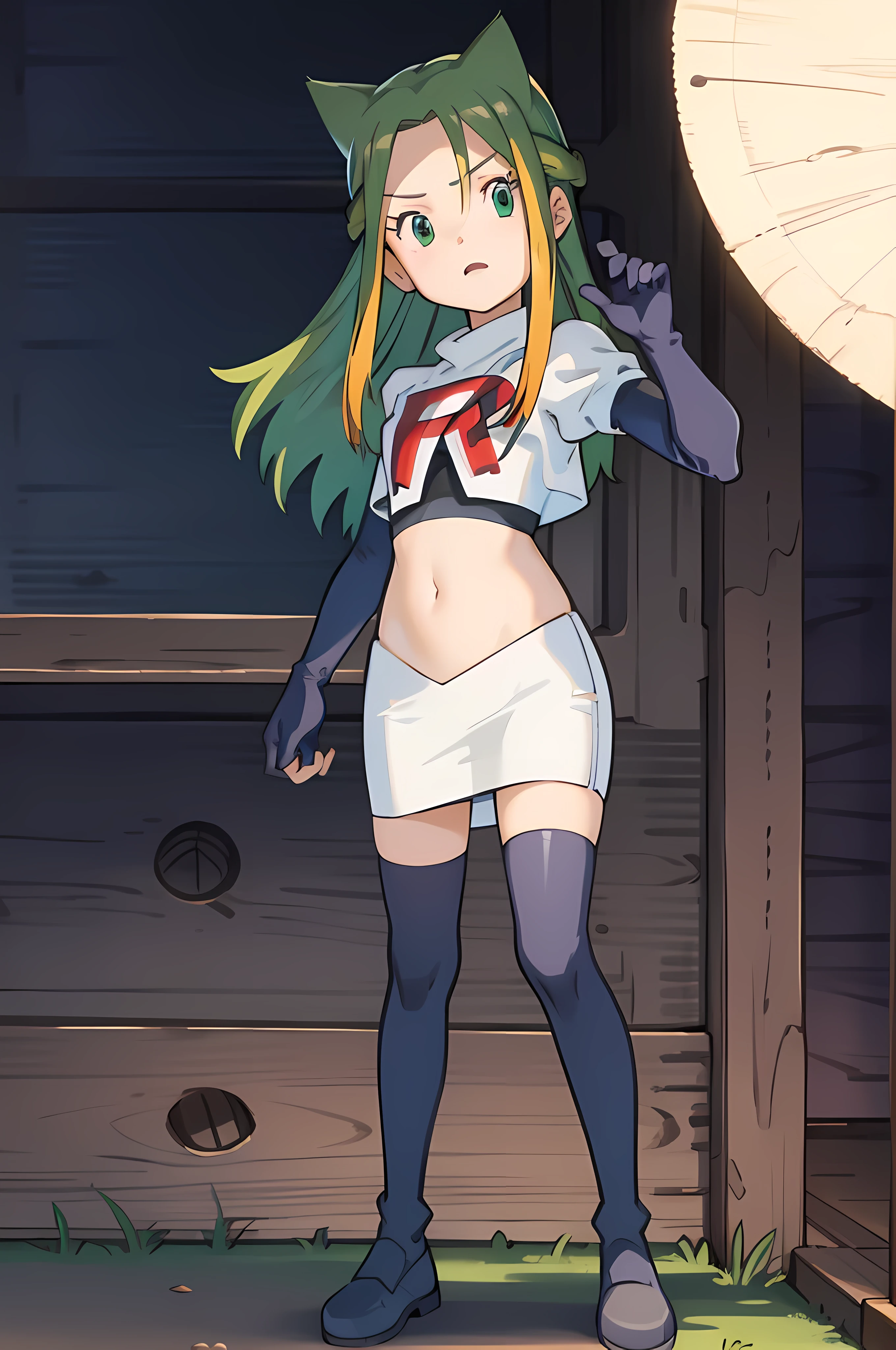 masterpiece, best quality, Izumi\(digimon\),hair over one eye, green eyes, long hair, 1girl, solo, team rocket,team rocket uniform, red letter R, white skirt,white crop top,black thigh-highs,black elbow gloves, cat hat