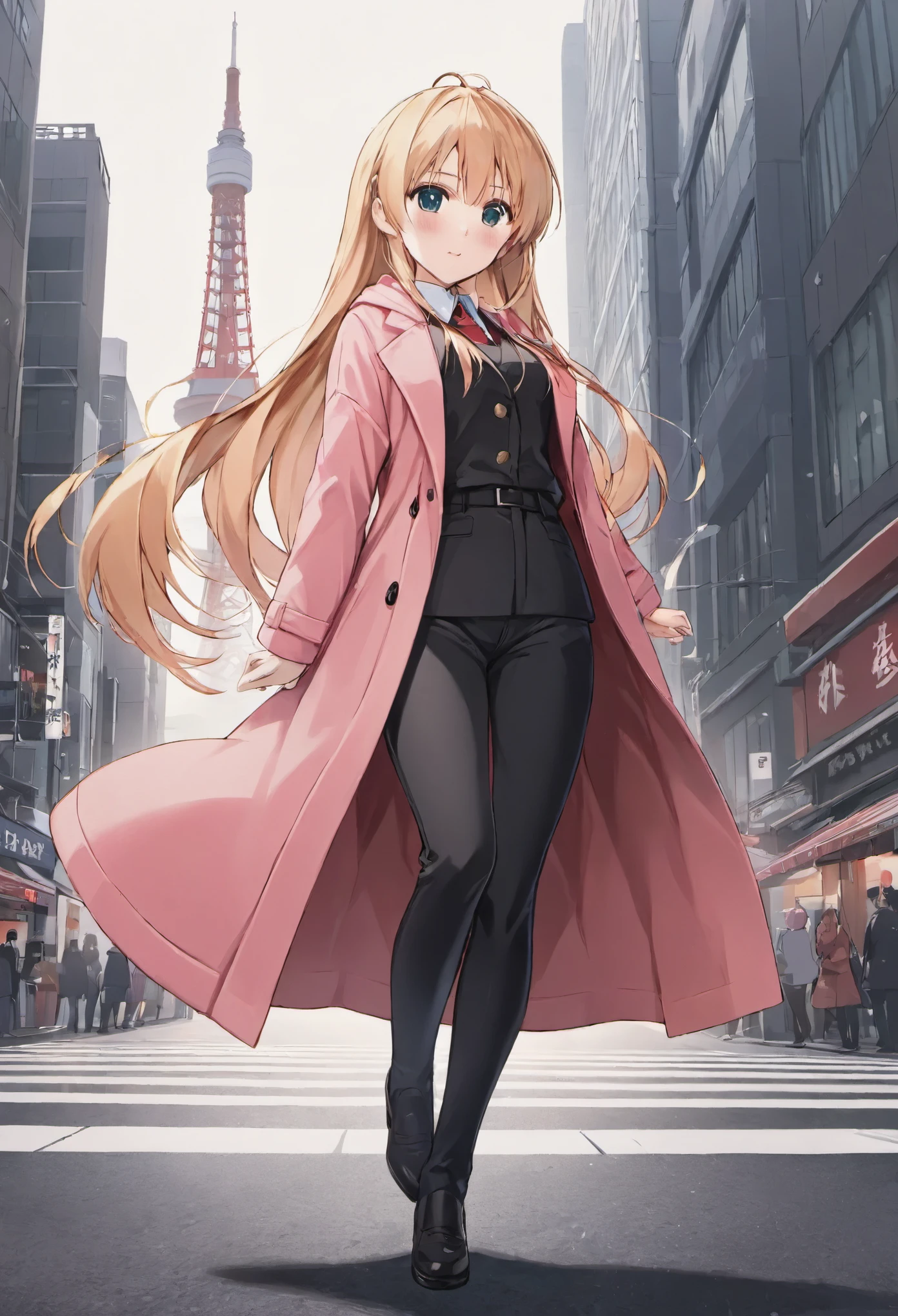 anime character of a woman wearing a pink coat and black pants chibi blush ((wearing a long coat)), full body of a single character, single full body character, full body portrait of the character, anime style character, dressed in long flowing clothes, female anime character, blonde anime girl with long hair, full length character portrait, full body with costume, anime full body illustration, chibi art, Asuna Yuuki,Akane Kinoshita, streets tokyo tower background, (best quality,4k,8k,highres,masterpiece:1.2),ultra-detailed,(realistic,photorealistic,photo-realistic:1.37)