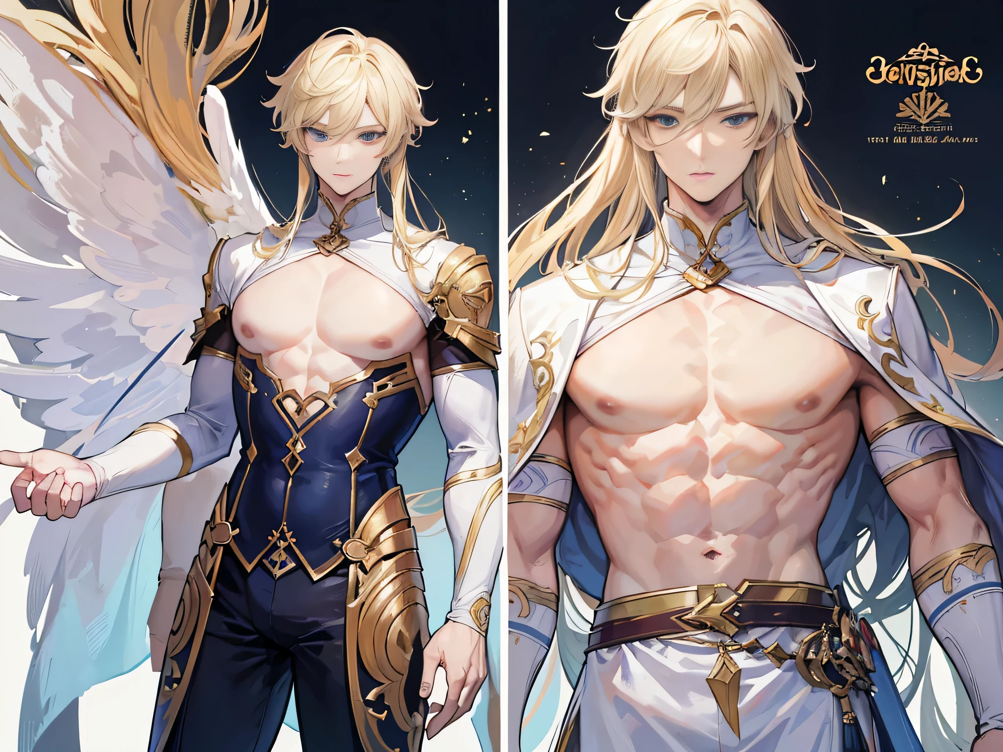 ((Masterpiece, Highest quality)), Male, boy, Detailed face, character design sheet， full bodyesbian, Full of details, frontal body view, back body view, Highly detailed, Depth, Many parts, Muscle boy with blonde long hair，handsome man, angel outfit clothes, Genshin Impact, man tall, pectoral muscles, abs