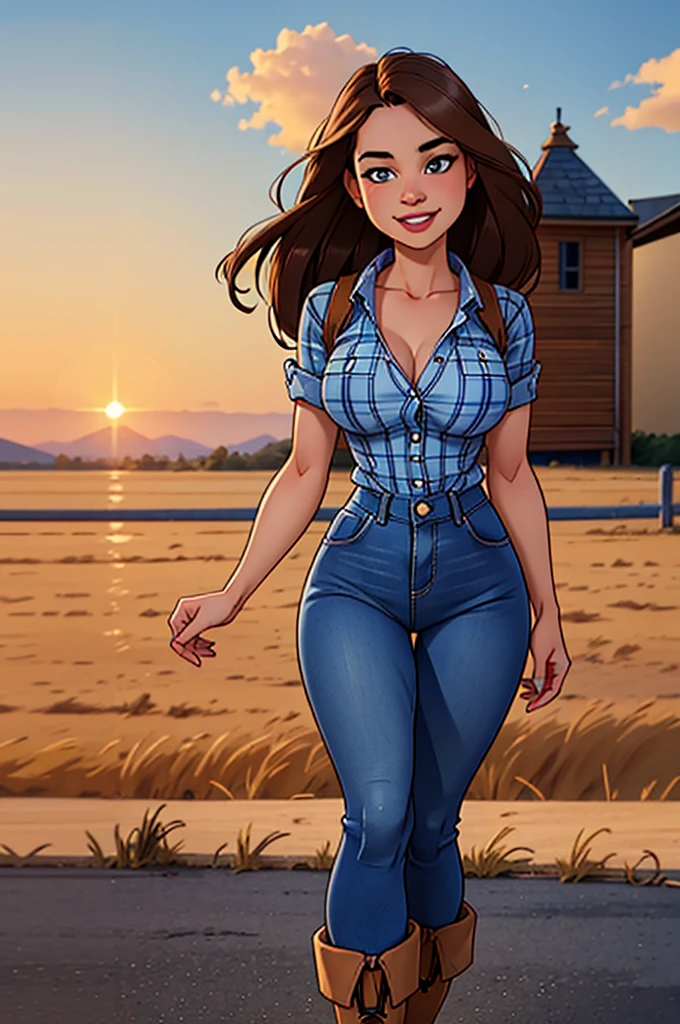 Foto hiperrealista en primer plano de Willa Fitzgerald, masterpiece, best quality, (photorealistic:1.4), full body, (blue buttoned plaid flannel shirt:1.1) and (blue jeans:1.1), (boots:1.2), on the ranch, sunny daycinematic light, beautiful woman, skinny, large breasts, straight brown hair, detailed face, smile, photo taken from a distance,
