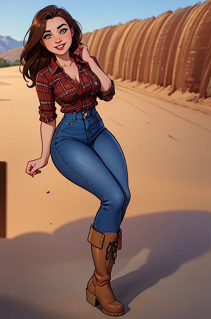 Foto hiperrealista en primer plano de Willa Fitzgerald, masterpiece, best quality, (photorealistic:1.4), full body, (blue buttoned plaid flannel shirt:1.1) and (blue jeans:1.1), (boots:1.2), on the ranch, sunny daycinematic light, beautiful woman, skinny, large breasts, straight brown hair, detailed face, smile, photo taken from a distance,