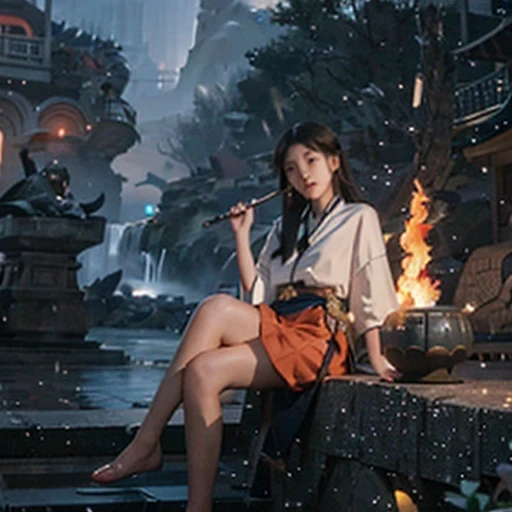 Middle school student in bright orange chiffon dress sitting on a large 鹿角 statue, queen of the sea mu 奈斯 ling, cinematic, by Super Realism, the dragon girl portrait, Guan Xiaotong fantasy, wl op and ross winter rain, ross netflix drama and crossing, full body, Ross Costume 8k,Hanfujia and art germ, Horse-faced skirt and f international star fan science fiction, 1girl, solo