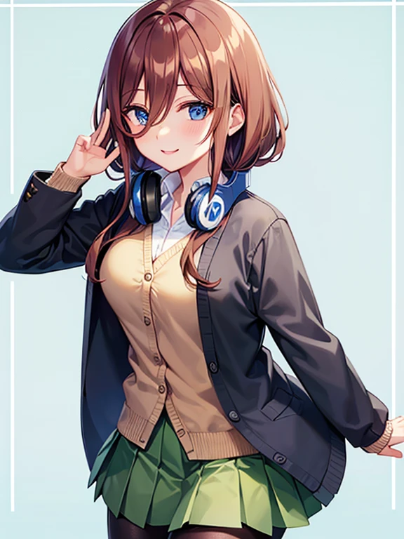 miku nakano, long hair, bangs, blue eyes, brown hair, shirt, hair between eyes, headphones, cardigan, headphones around neck,skirt, shirt, long sleeves, white shirt, pantyhose, pleated skirt, black pantyhose, cardigan, green skirt, blue cardigan,smile