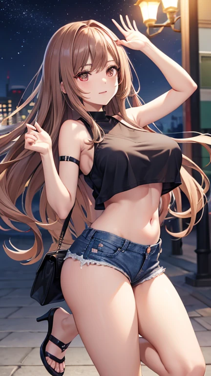 Game , goddess of victory nikke, Rapi , light brown hair,  alluring eyes ,beautiful face , crystal red eyes ,  long hair , women black colour crop top camisole slim fit, short jeans , ,selfie wind, 1 hand bag, cheerful eyes, ,g cup breast, slender waist, bewitching thighs, five fingers each hand, two hand ,two leg , in town, date, standing, beautiful, high heels, night ,light district 