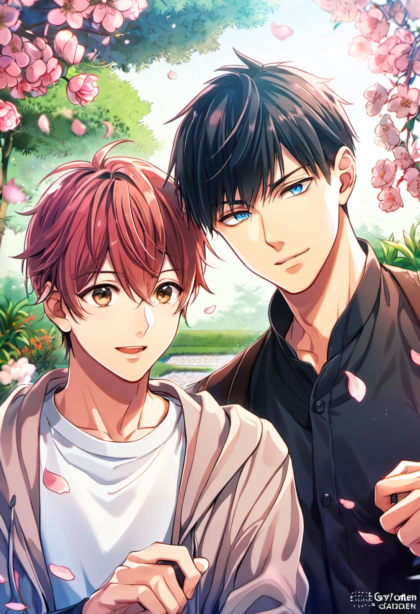 Ultra detailed, highres, absurdres, HDR, Uenoyama Ritsuka, black hair, blue eyes, Sato Mafuyu, pink-brown hair, brown eyes, garden, petals, Given, 2 men together, gay couple, handsome