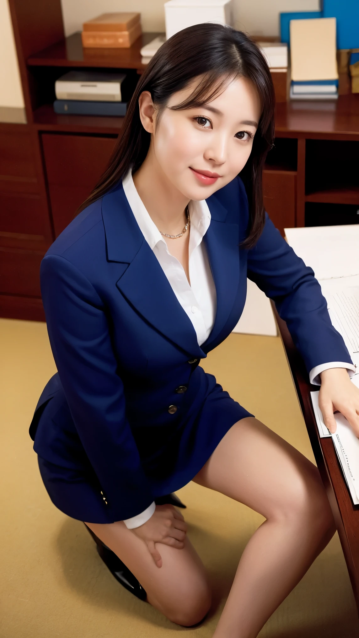 highest quality、masterpiece、ultra high resolution、(realistic:1.4)、leaning forward、From above、(((Take a look here)))、I have documents、happy look、Beautiful woman、suit、skirt、high heels、office